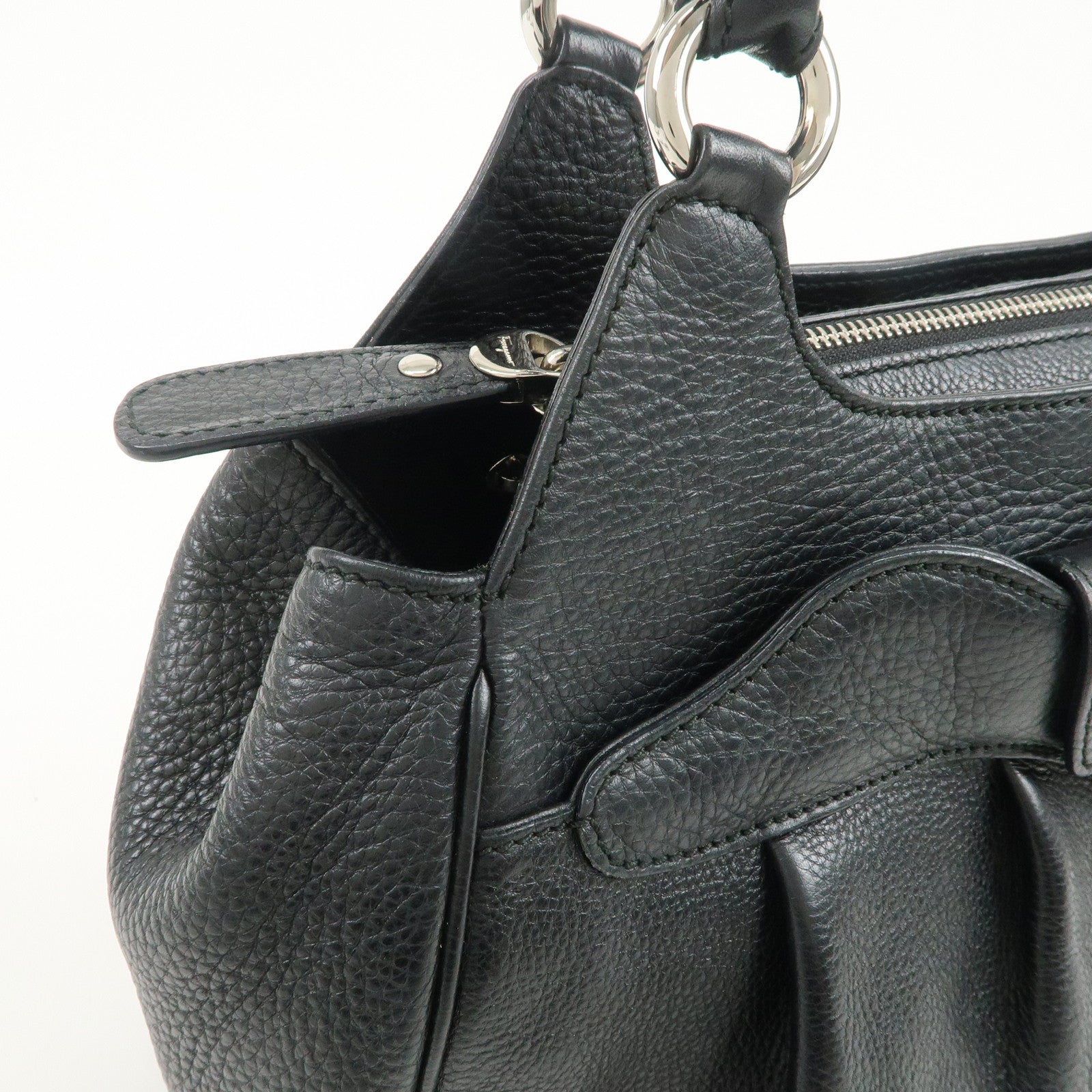 Ferragamo Gancini Leather Hand Bag Shoulder Bag Black Silver