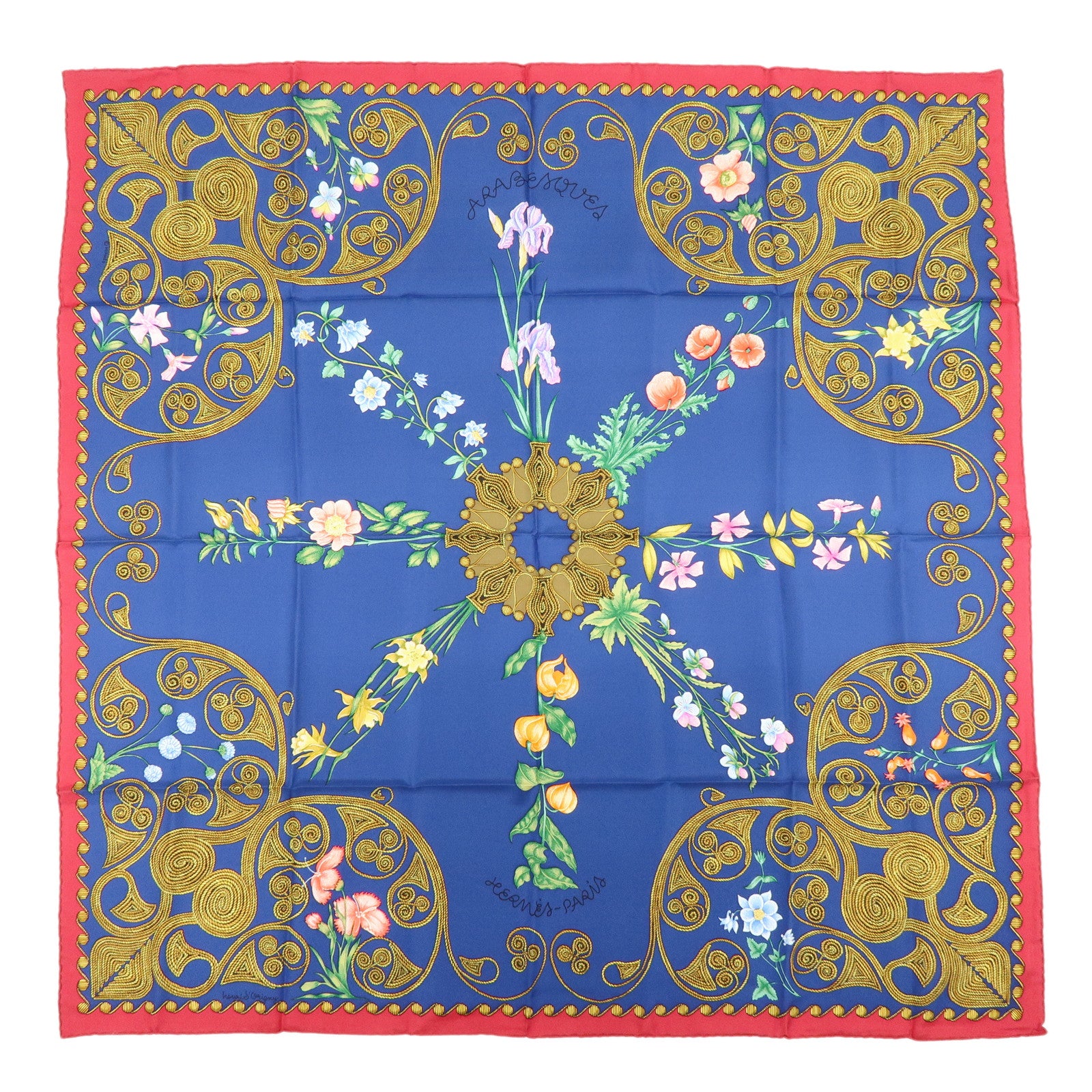 HERMES Carre 90 Silk 100% Scarf ARABESQUES Arabic Print Navy Red