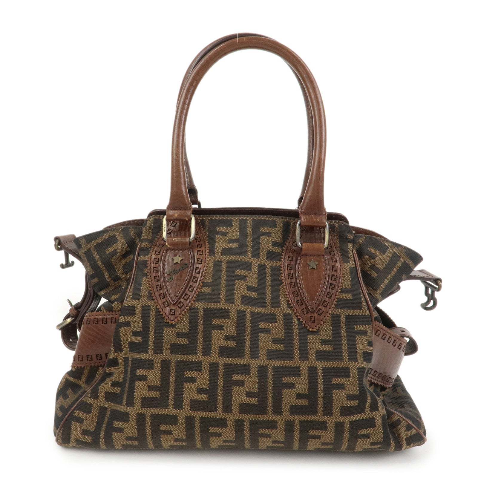 FENDI Etnico Zucca Canvas Leather Shoulder Bag Brown Black 8BN157