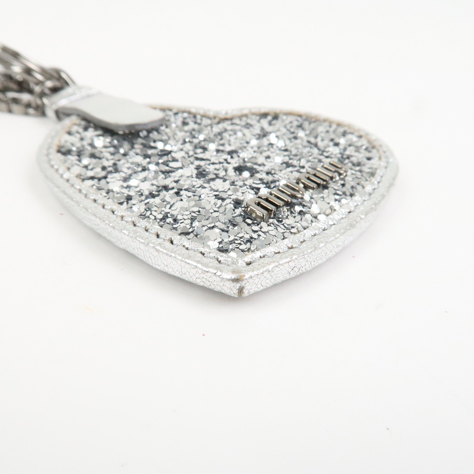 MIU MIU Heart Motif Glitter Leather Key Chain Bag Charm Silver