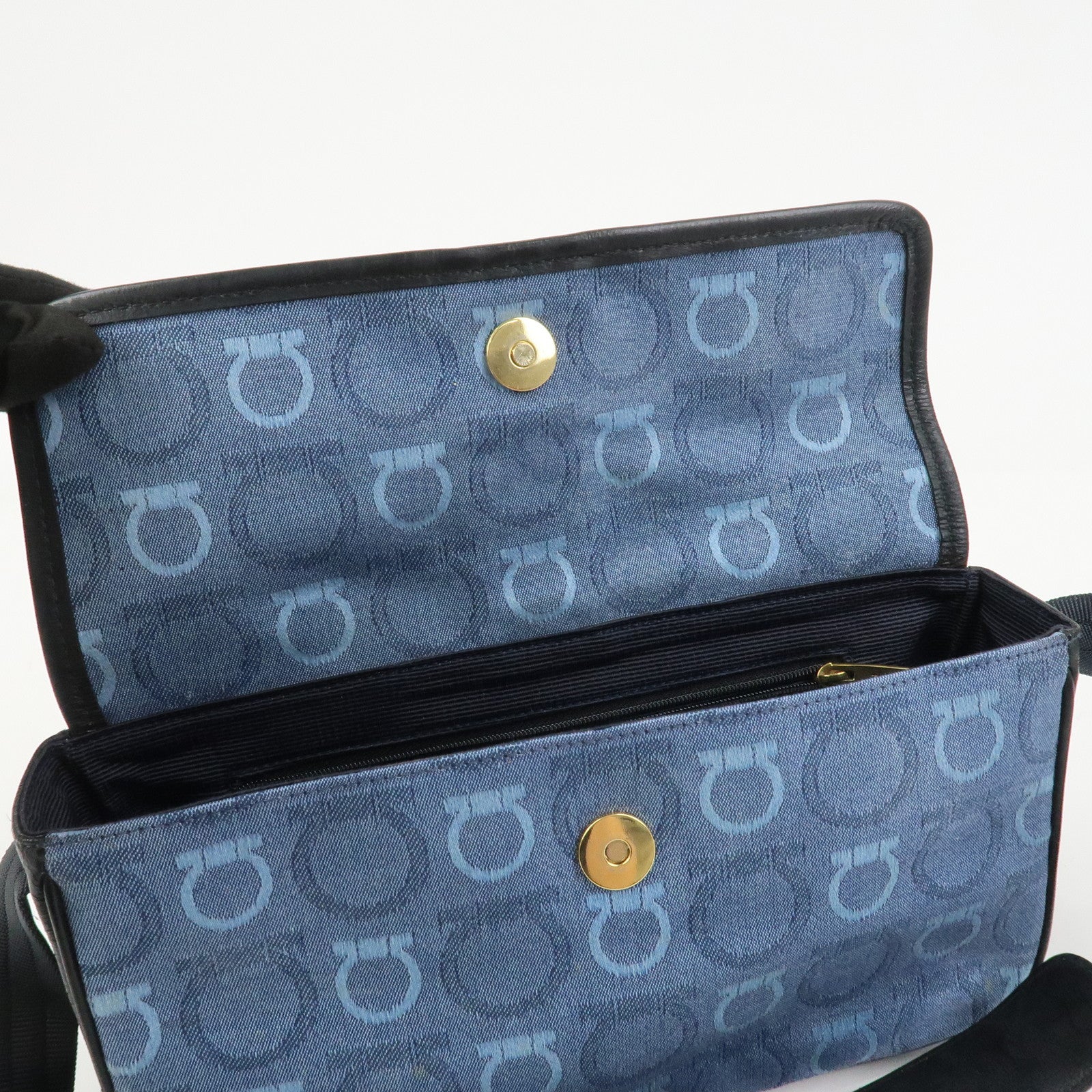 Ferragamo Gancini Canvas Leather Shoulder Bag Blue Black