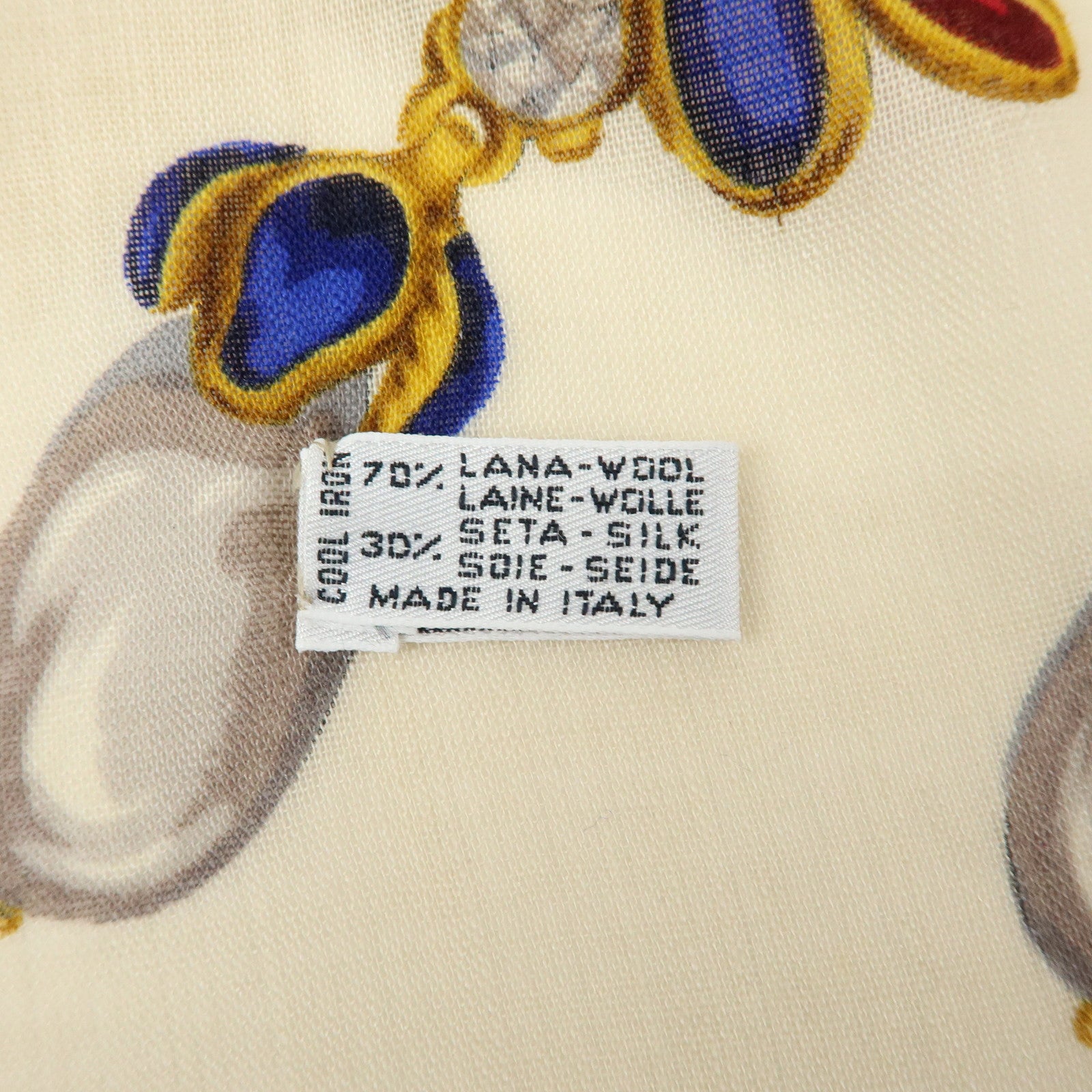 CHANEL Wook Silk Jewlry Pattern Scarf Beige Gold Red Blue