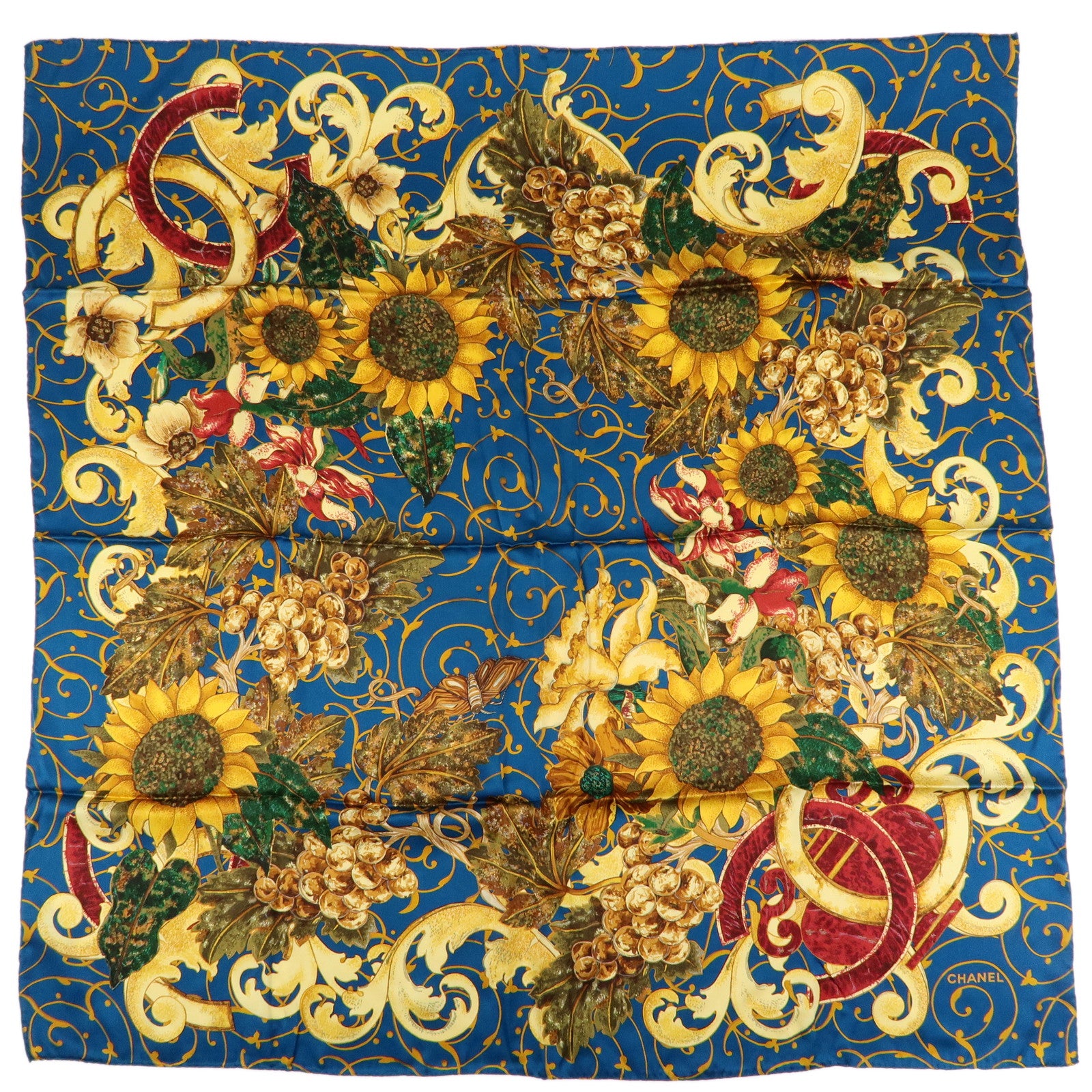 CHANEL Silk 100% Scarf Flower Print Sunflower Blue Gold