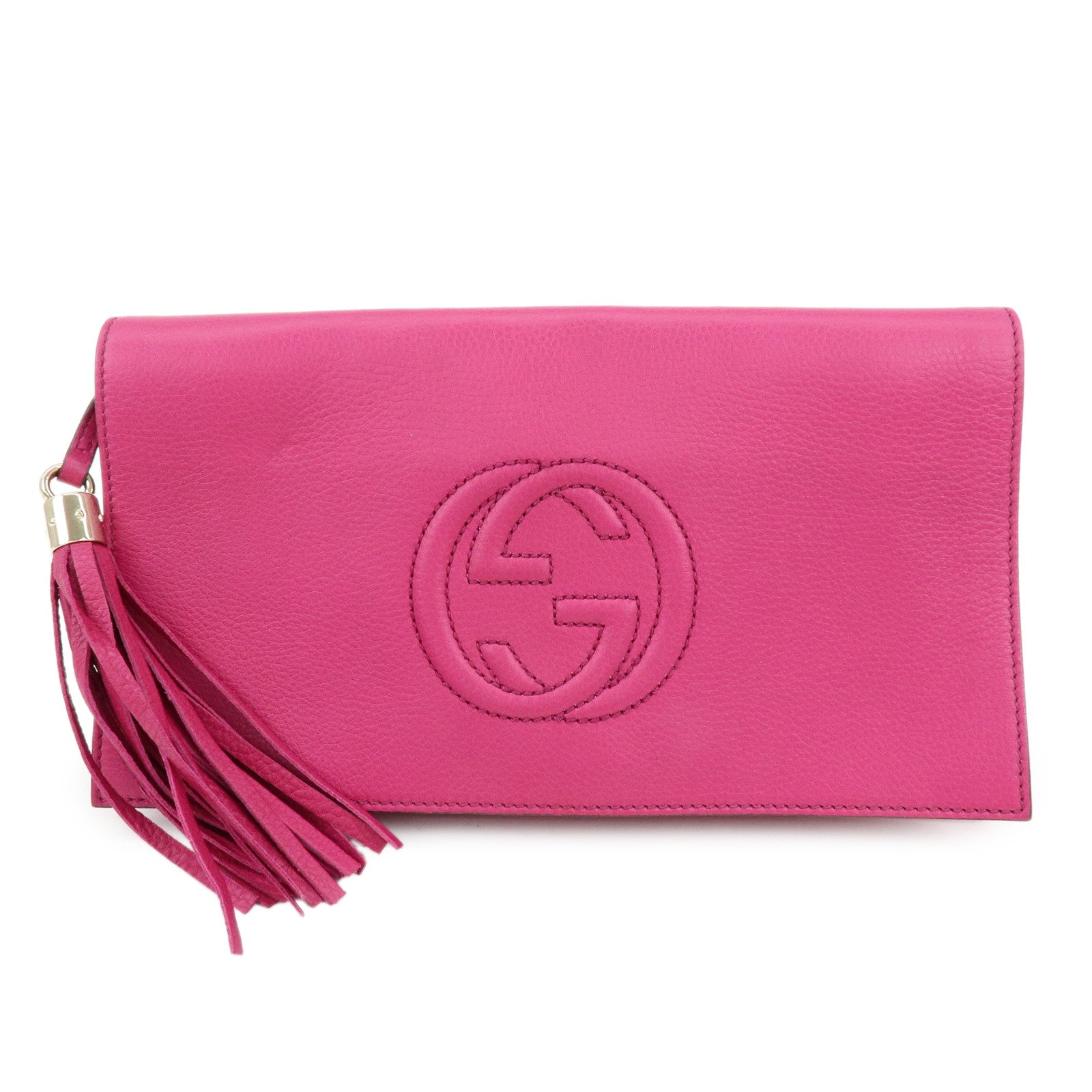 GUCCI SOHO Interlocking G Leather Tassel Clutch Bag Pink 336753