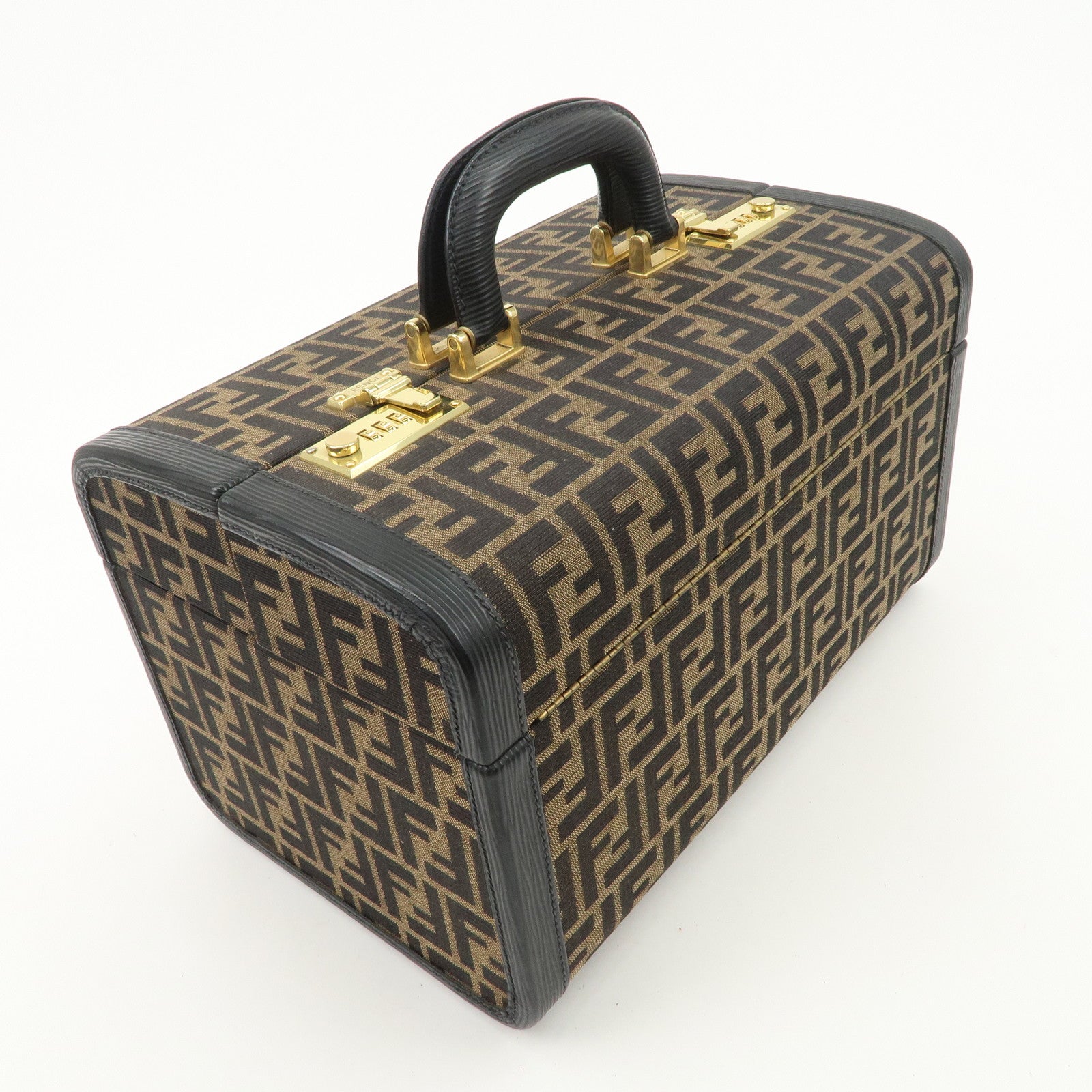 FENDI Zucca Canvas Leather Vanity Bag Makeup Box Brown Black