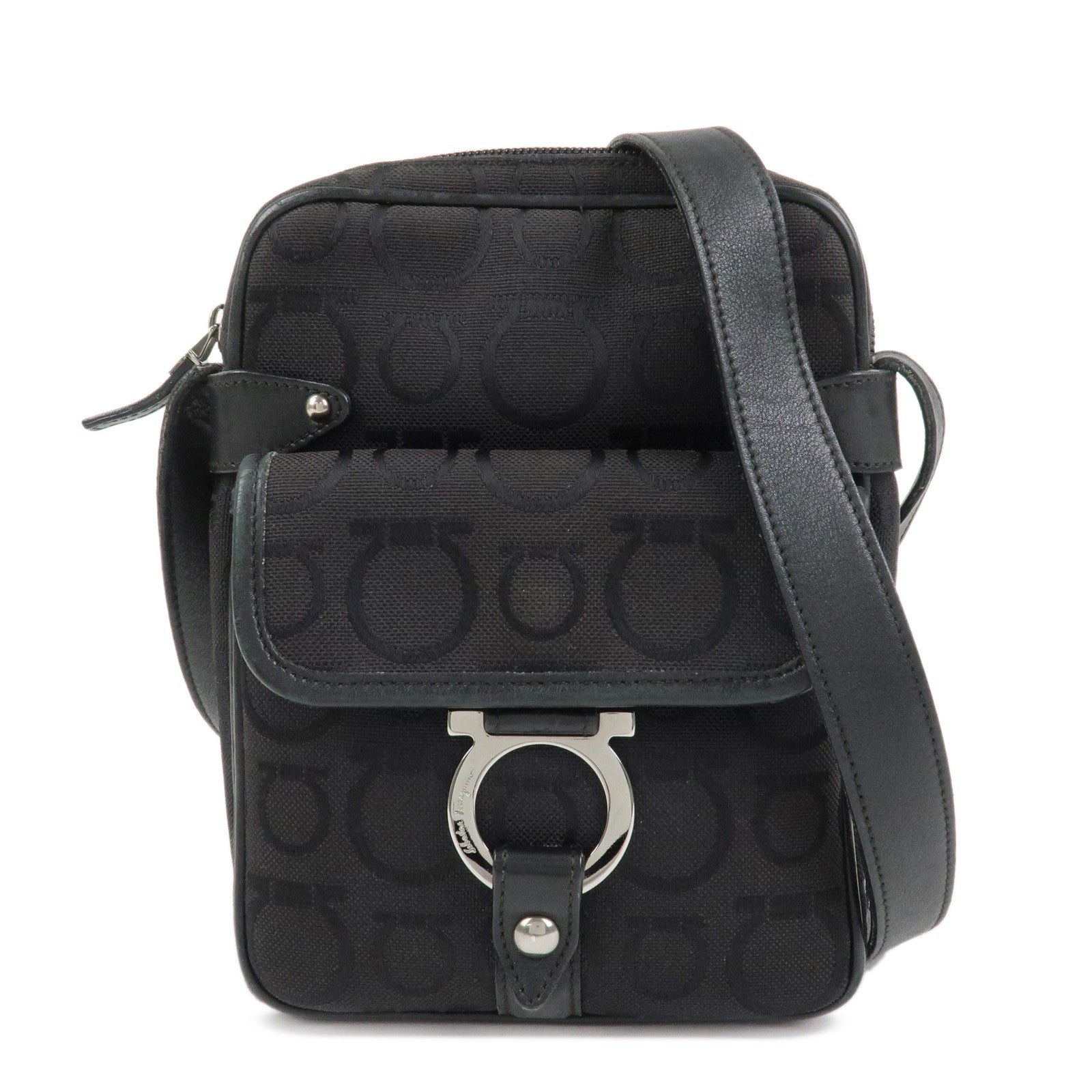 Ferragamo Gancini Logo Canvas Leather Crossbody Shoulder Bag Black