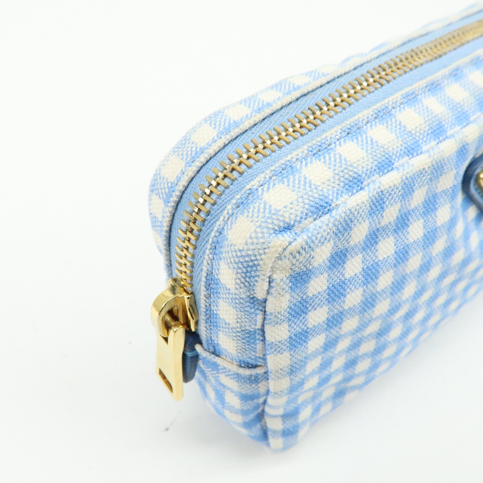PRADA Triangle Logo Canvas Gingham Pattern Pouch Blue 1NA021