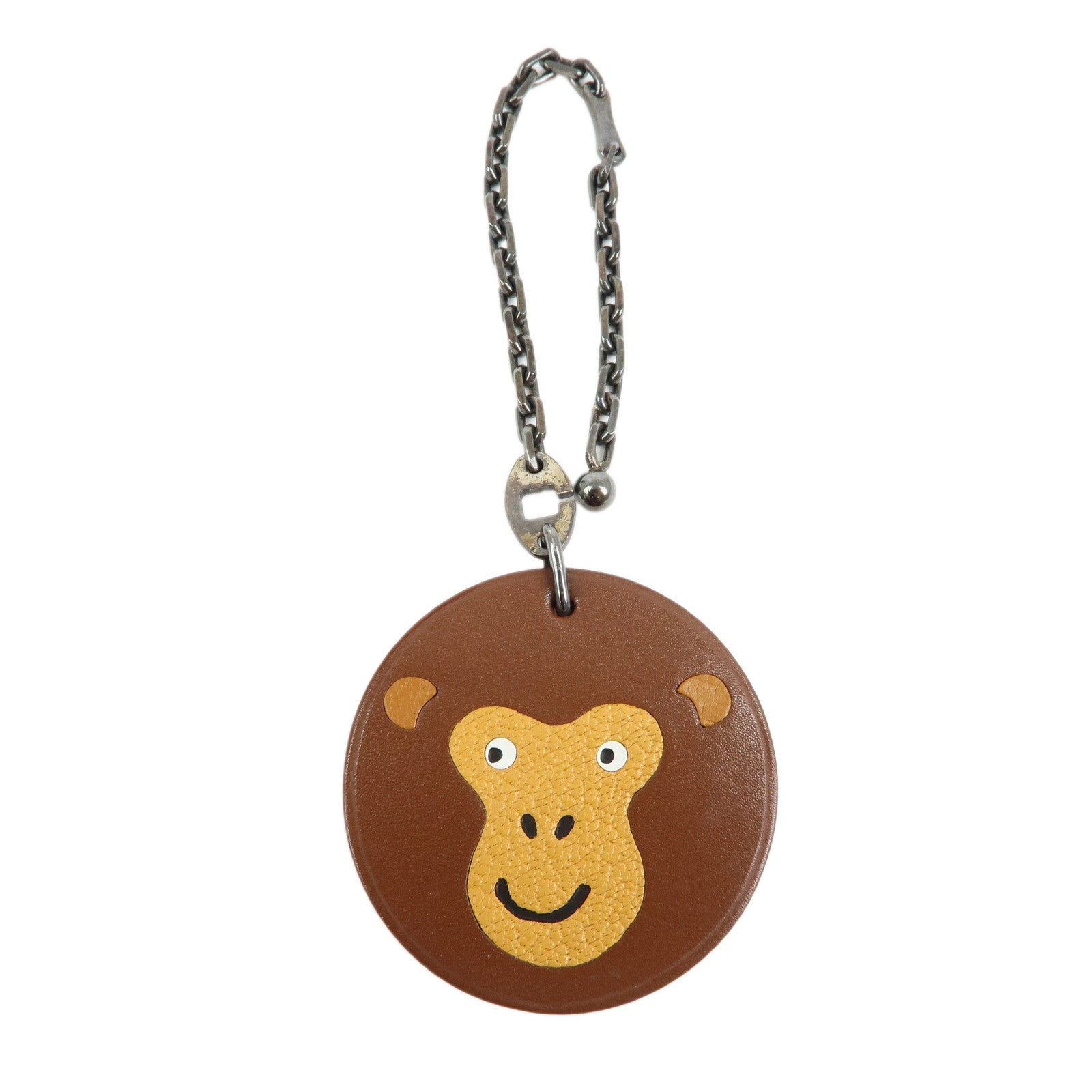 HERMES Leather Bag Charm Key Holder Monkey Brown Yellow