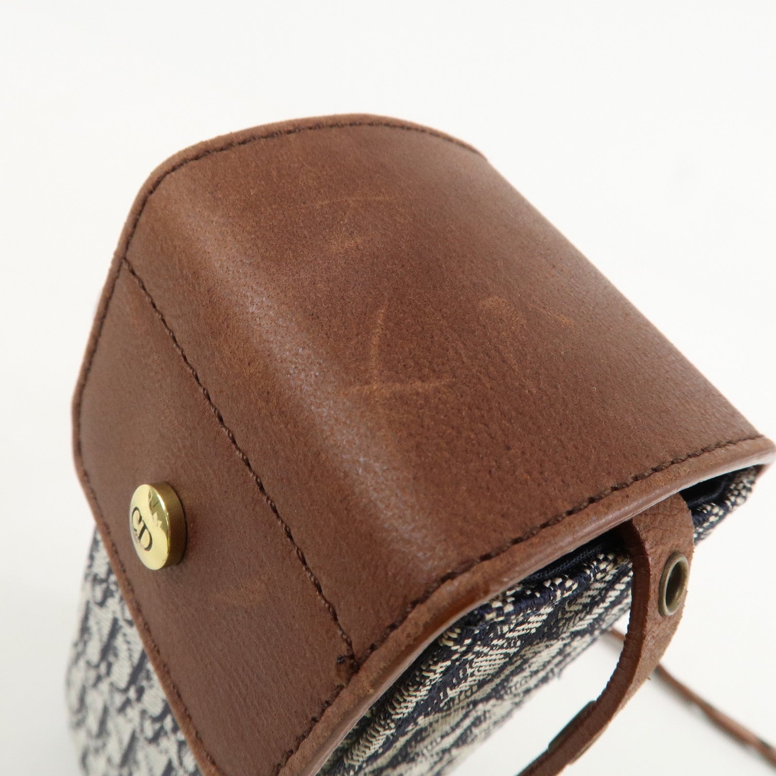 Christian Dior Trotter Canvas Leather Shoulder Bag Navy Brown Used