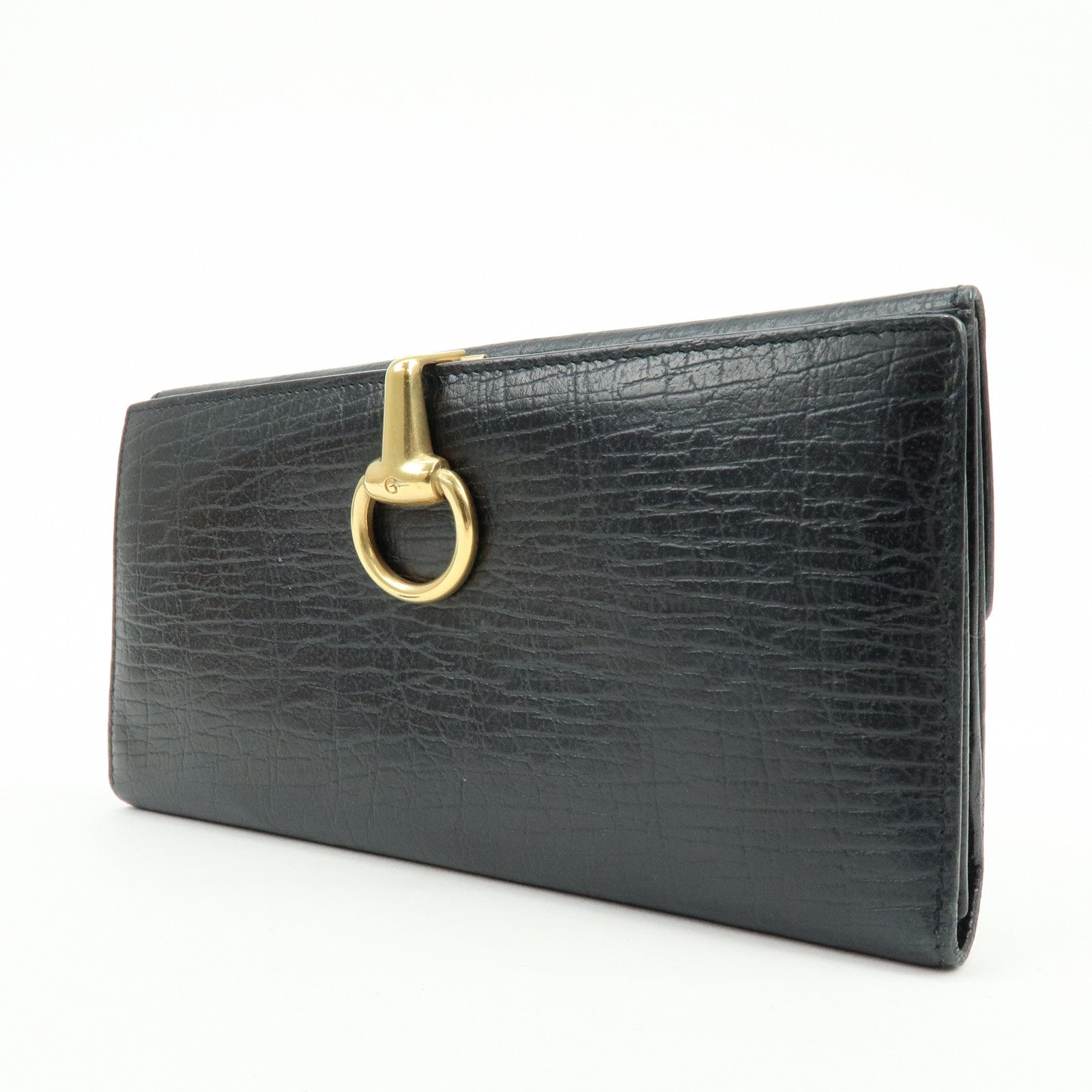 GUCCI Horsebit 1955 Embossed Leather Long Wallet Black 101602