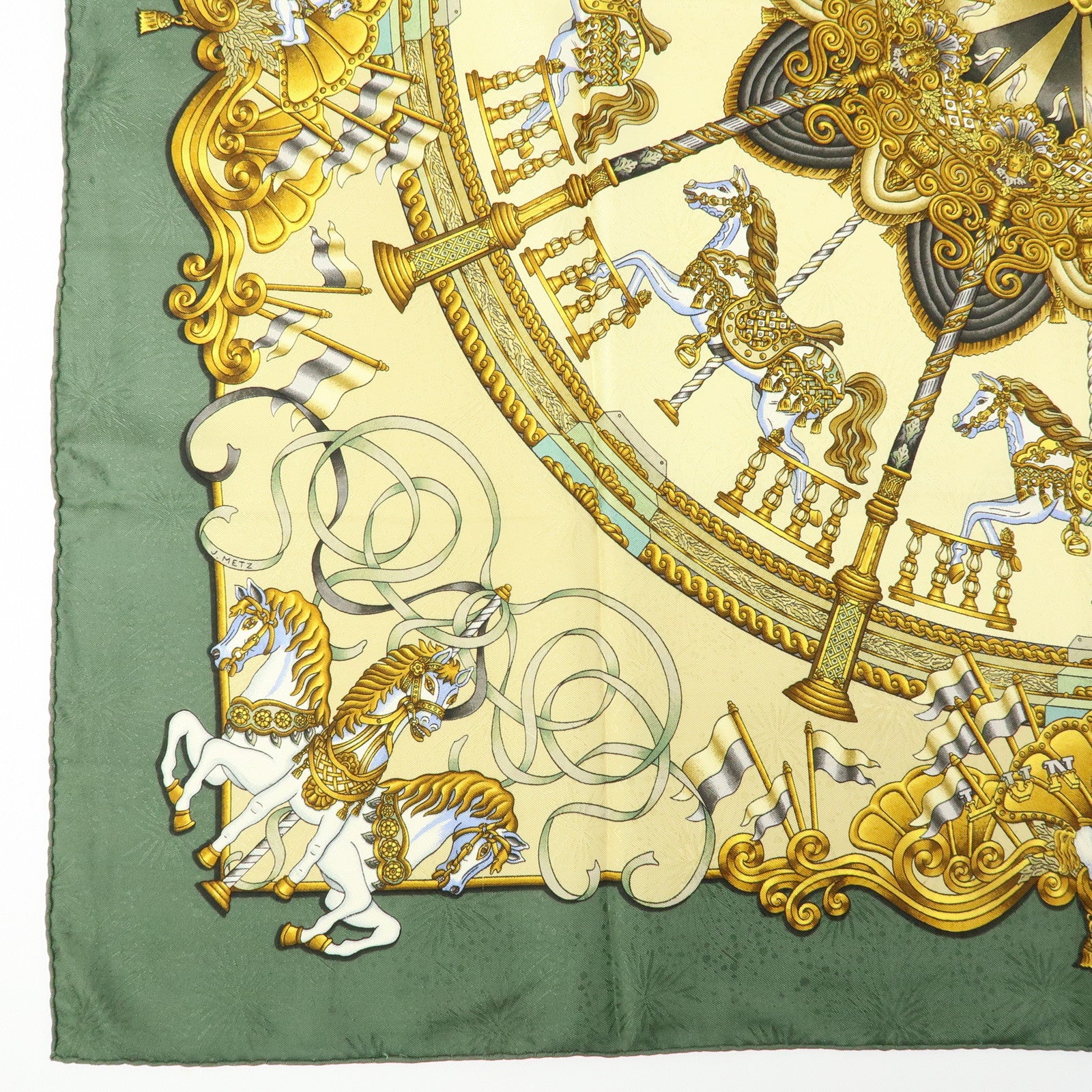 HERMES Carre 90 Silk 100% Scarf LUNA PARK Carousel Print Gold Green