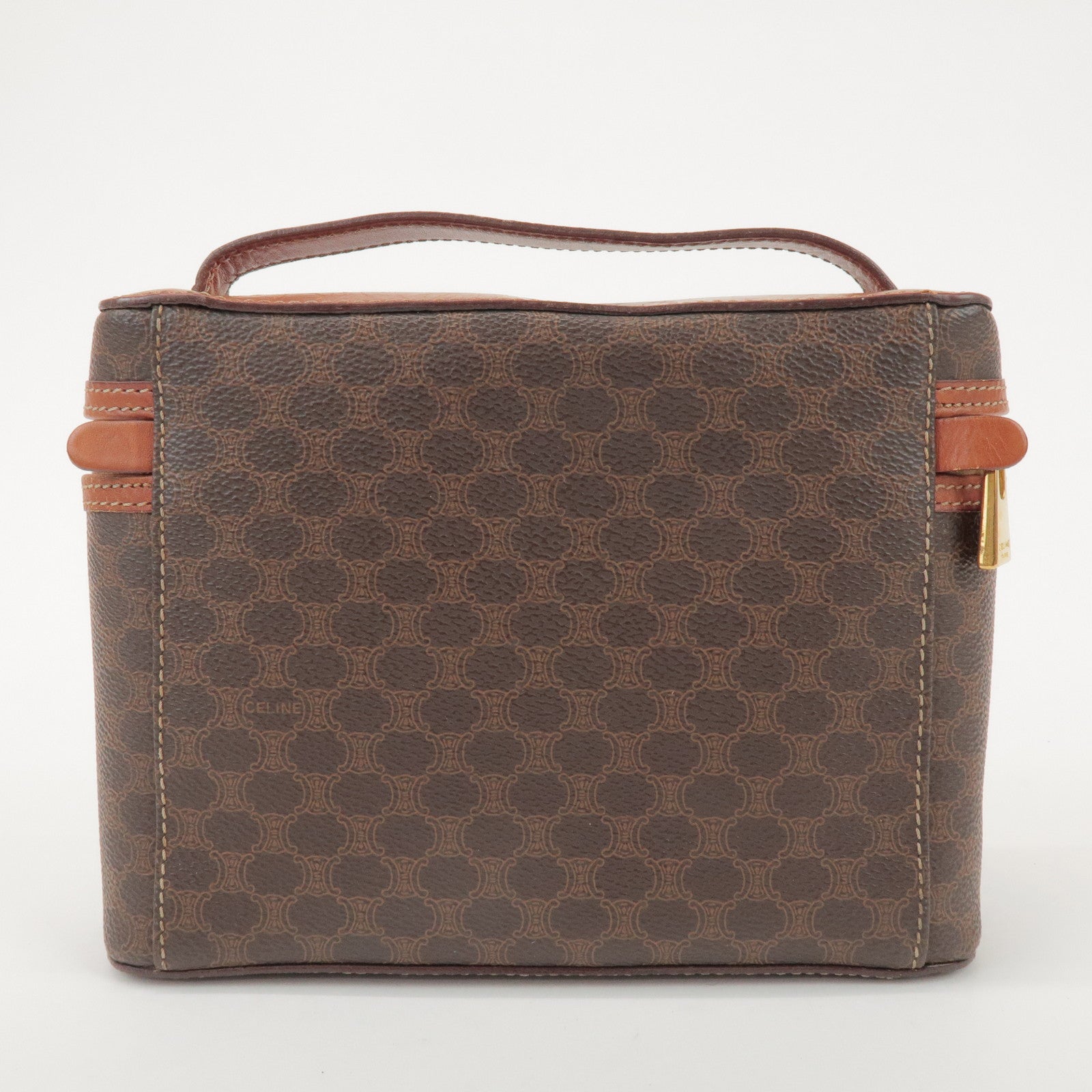CELINE Macadam PVC Coated Canvas Leather Hand Bag Vanity Bag Brown