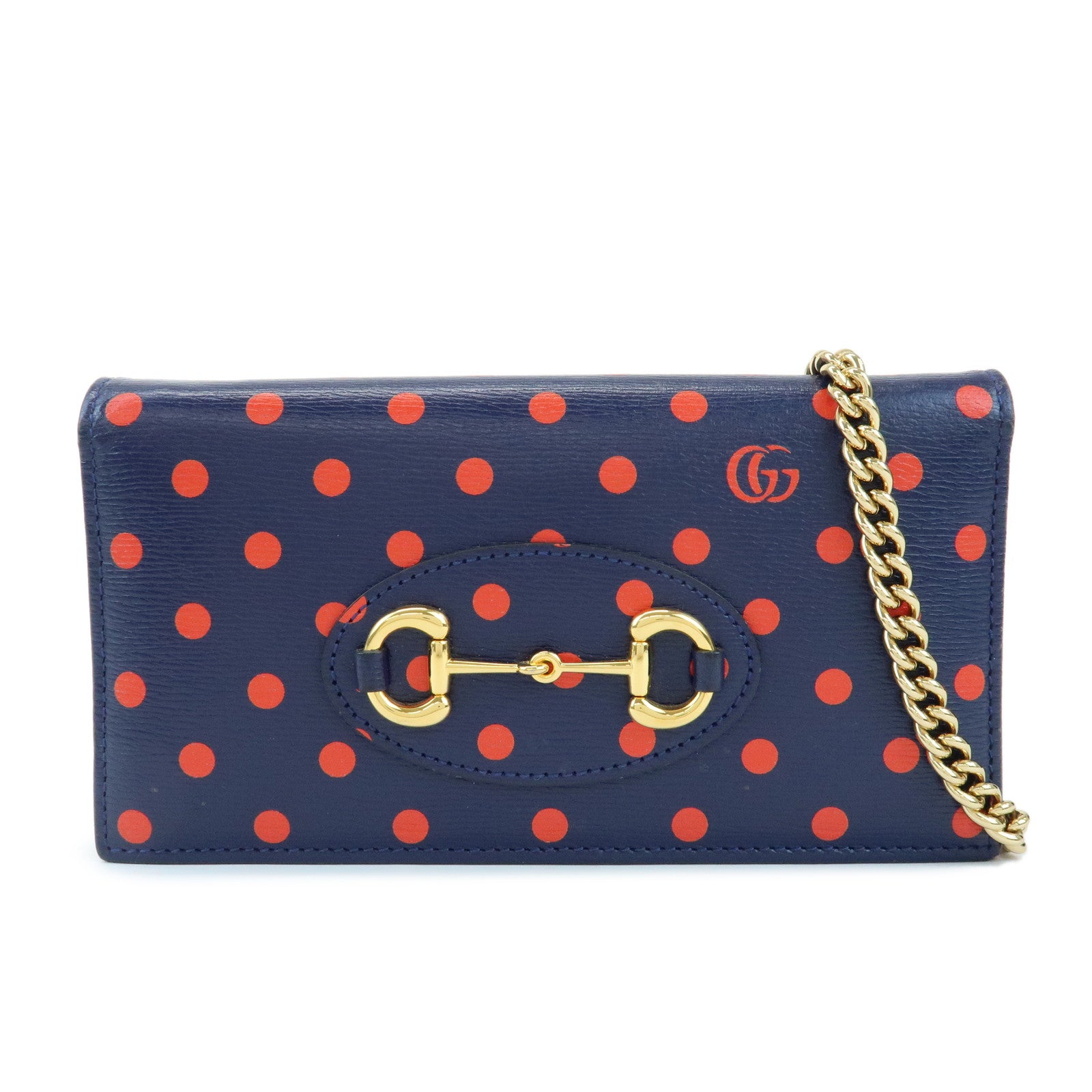 GUCCI Horsebit 1955 Calf Leather Chain Long Wallet Navy Red 621892