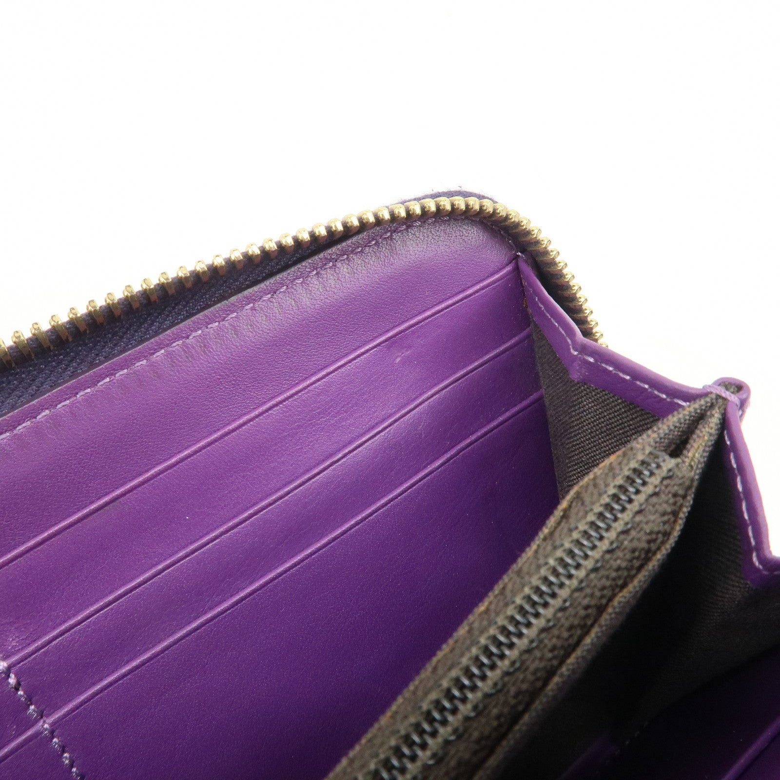 FENDI Zucchino Canvas Leather Round Zippy Long Wallet Brown Purple 8M0024 Used