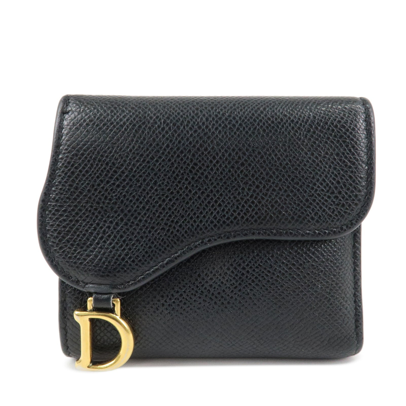 Christian Dior Saddle Leather Compact Wallet Black Gold Hardware Used