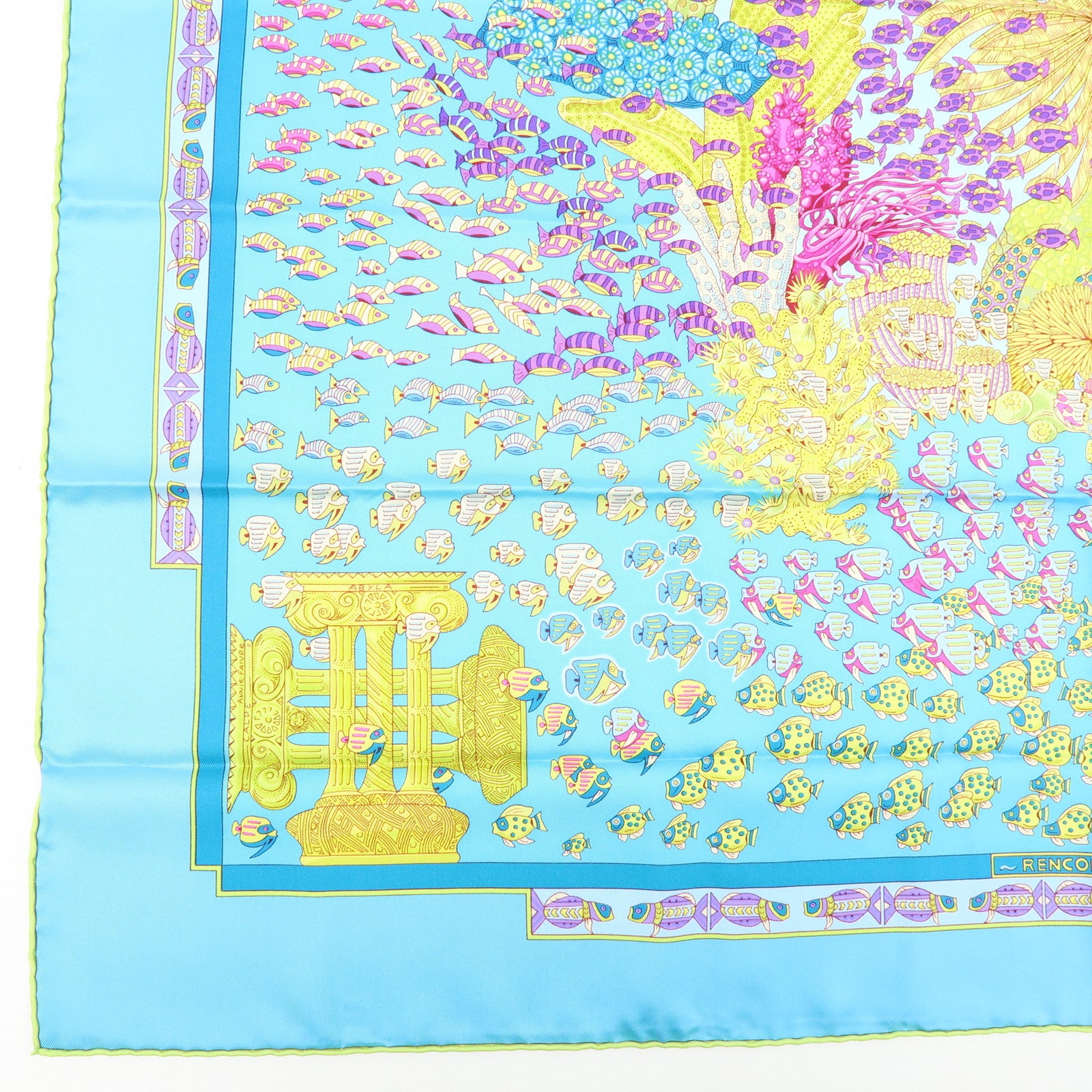 HERMES Carre 90 Silk 100% Scarf RENCONTRE OCEANE Light Blue Yellow