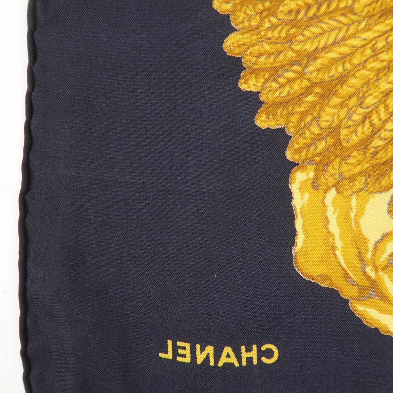 CHANEL Silk 100% Flower Chain Print Scarf Black Gold