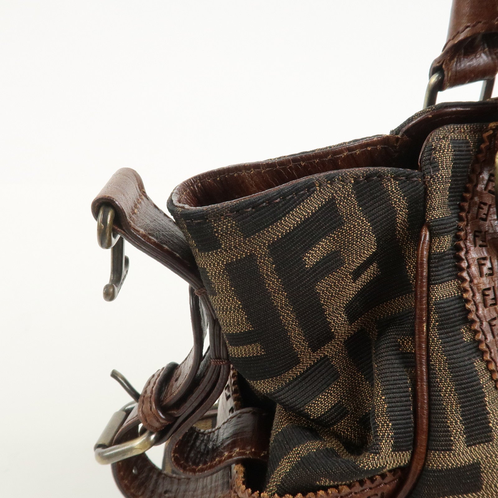 FENDI Etnico Zucca Canvas Leather Shoulder Bag Brown Black 8BN157