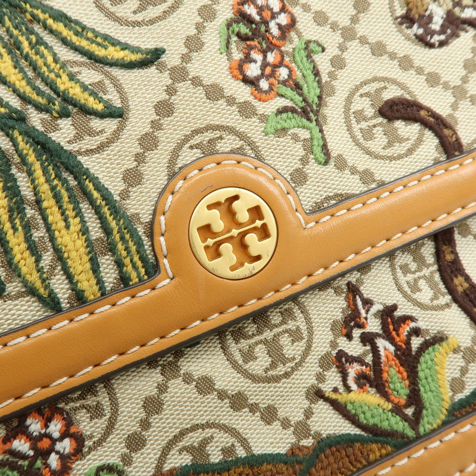 TORY BURCH T Monogram Jacquard Leather Shoulder Bag Leopard Beige