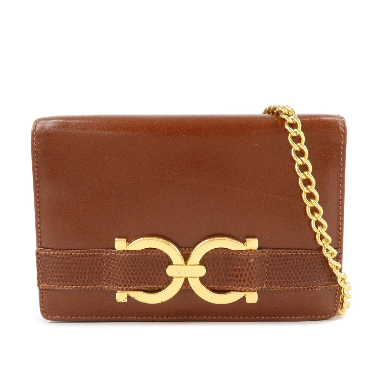 Ferragamo Gancini Leather Chain Shoulder Bag Brown Gold HDW Used