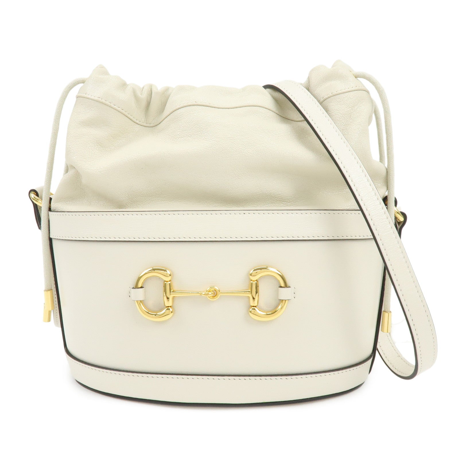 GUCCI Horsebit Leather Drawstring Bucket Shoulder Bag Ivory 602118