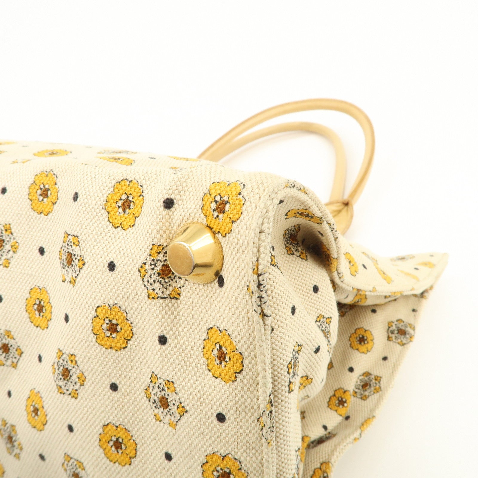 MIU MIU Canvas Leather Tote Bag Hand Bag Flower Motif Beige