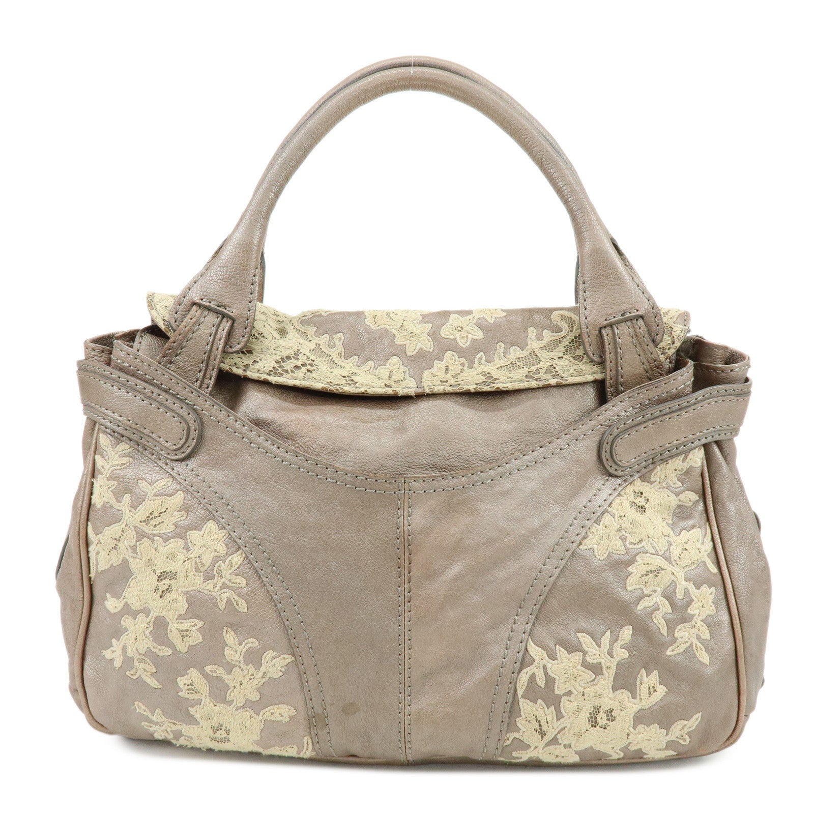 VALENTINO Flower Embroidery Leather Hand Bag Shoulder Bag Greige
