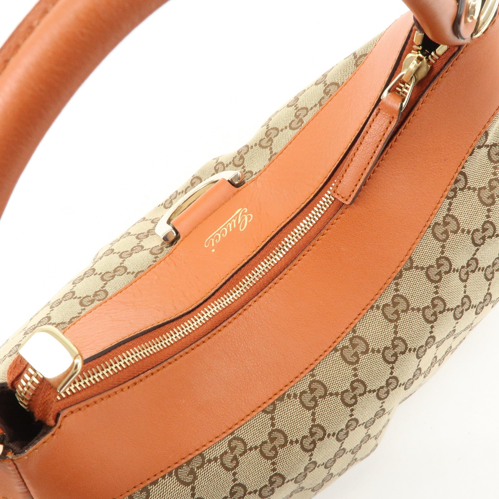 GUCCI Abbey Leather GG Canvas Shoulder Hand Bag Beige Orange 139260 Used
