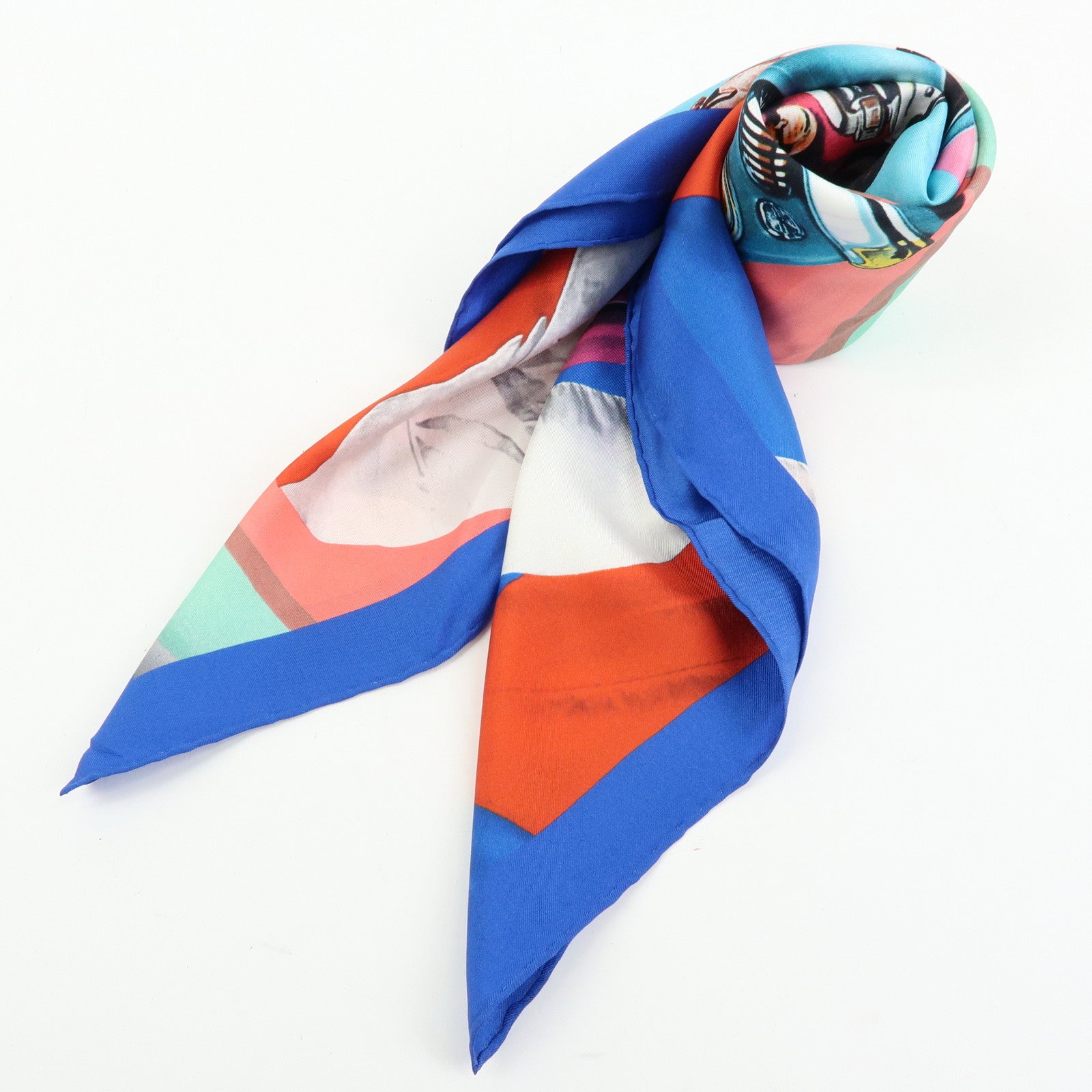 CHANEL Silk 100% Scarf Classic Car Print Blue Pink