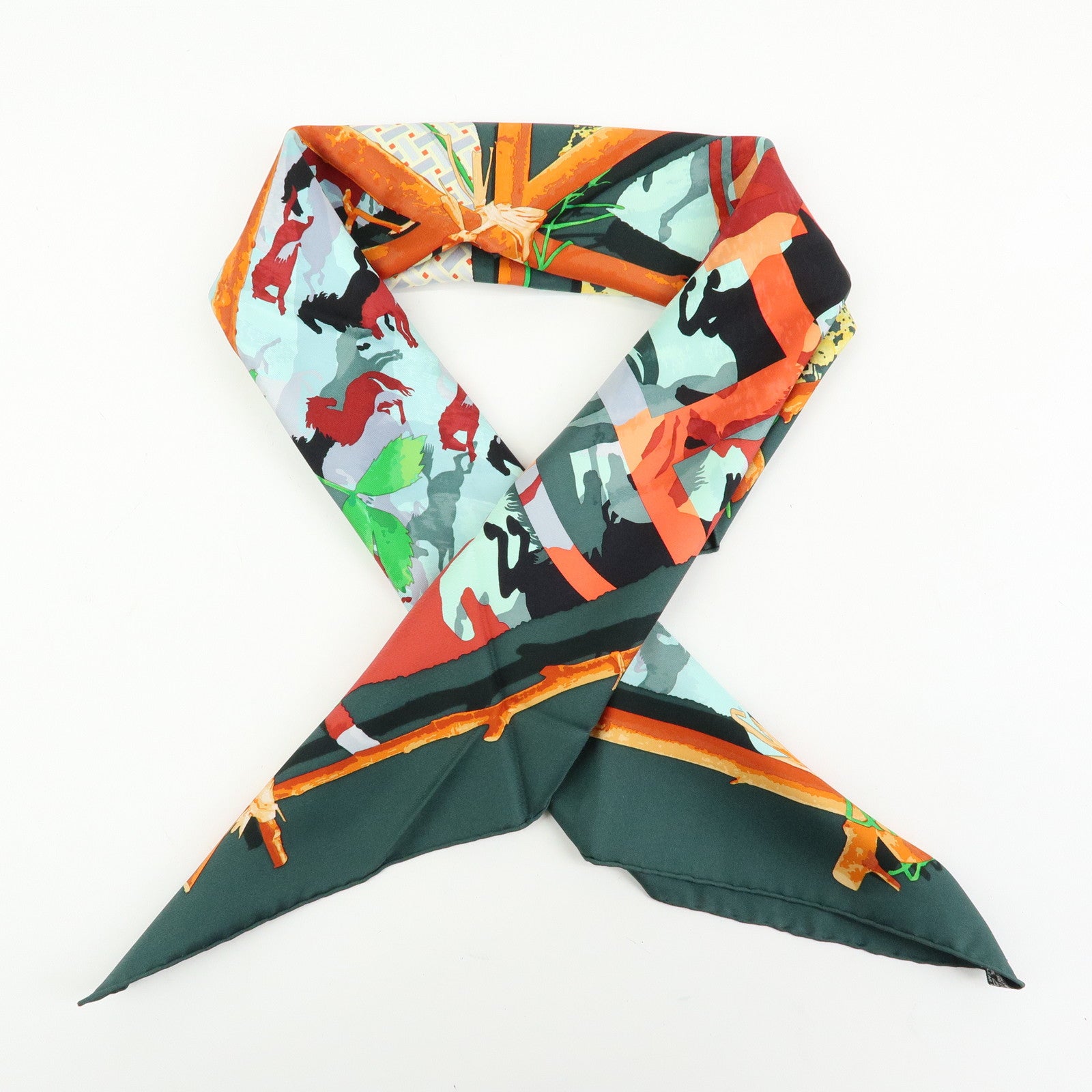 HERMES Carre 90 Silk 100% Scarf LE ROBINSON CHIC Green Brown