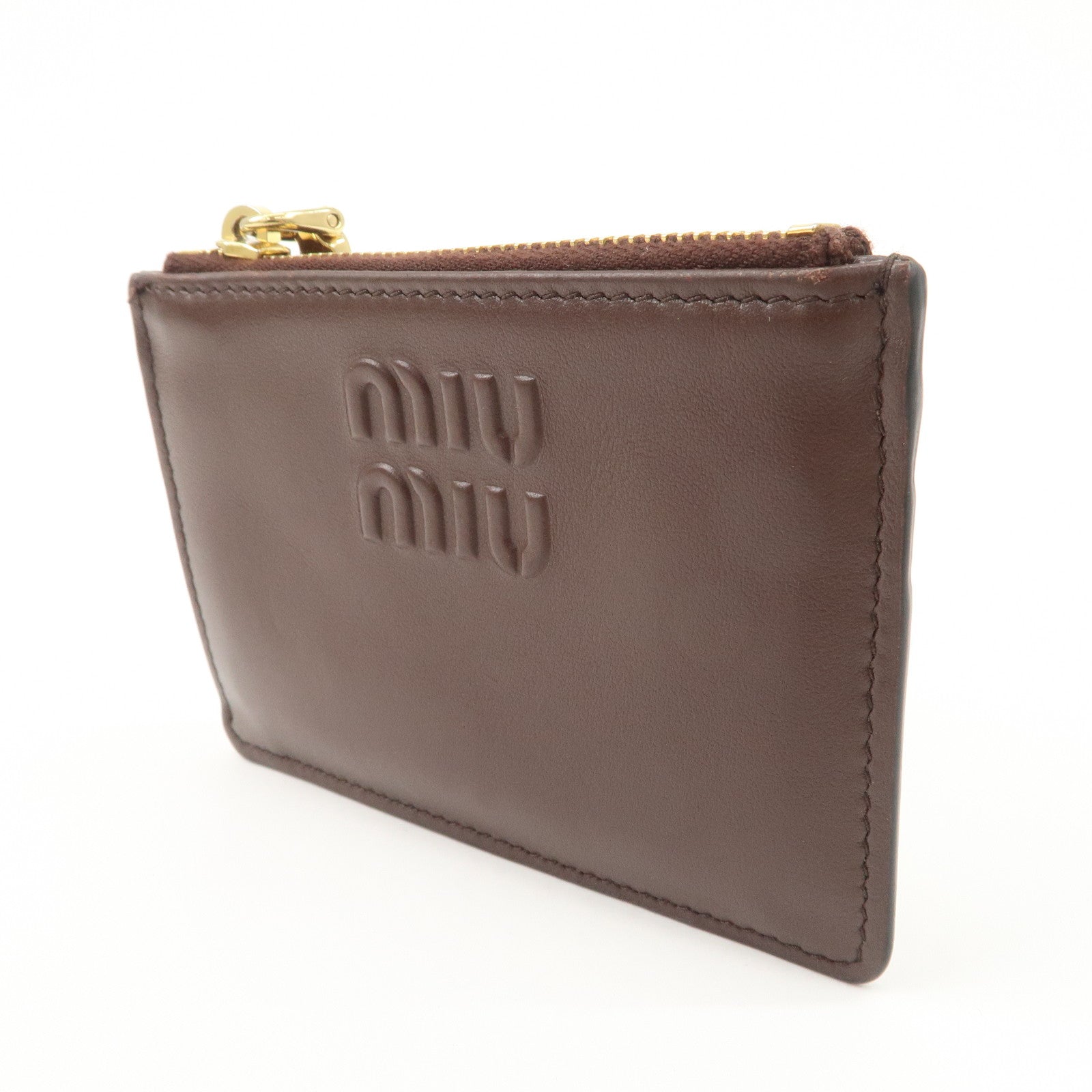 MIU MIU LOGO Leather Coin Case Card Case Brown Used
