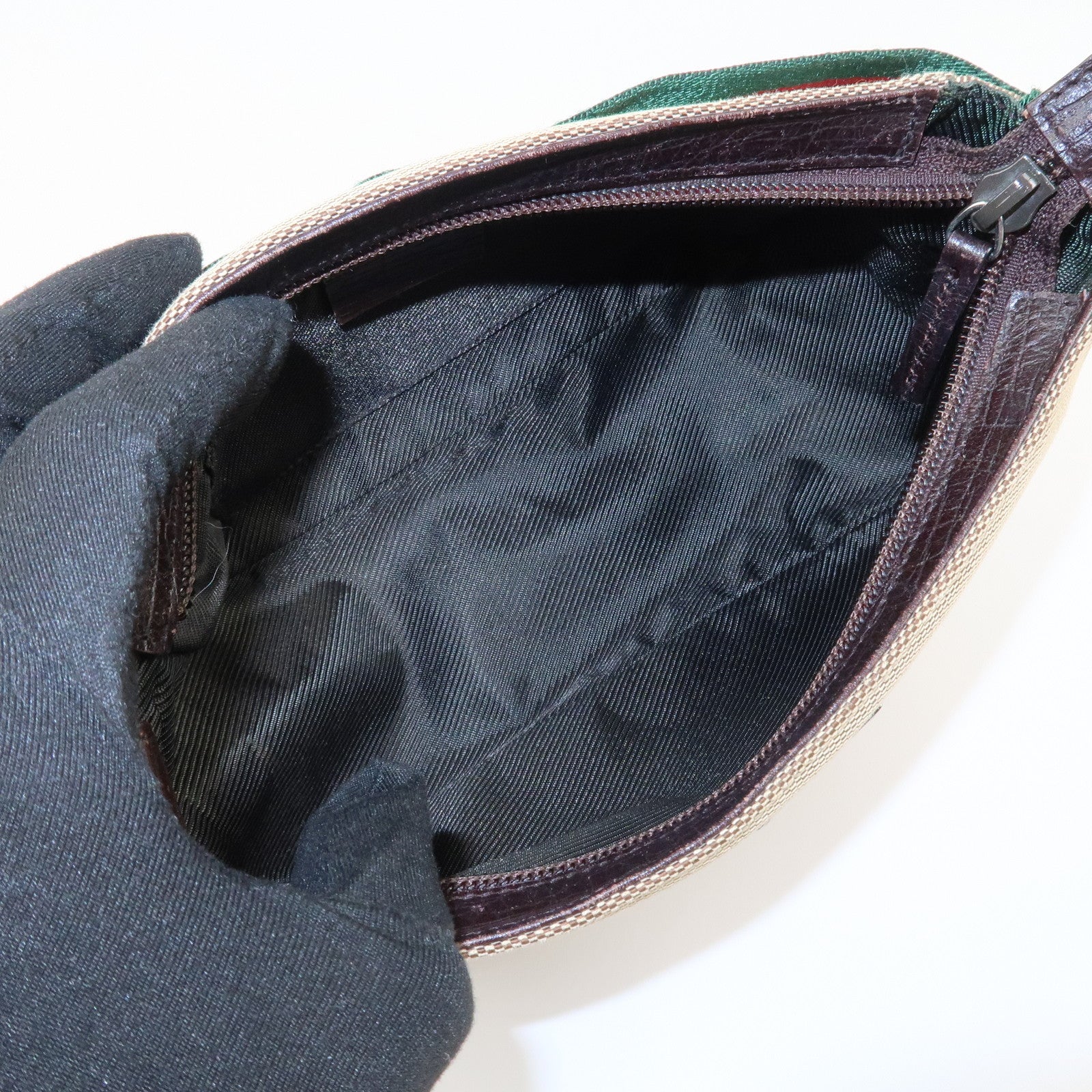 GUCCI Sherry Canvas Leather Pouch Hand Bag Beige Brown 106644 Used