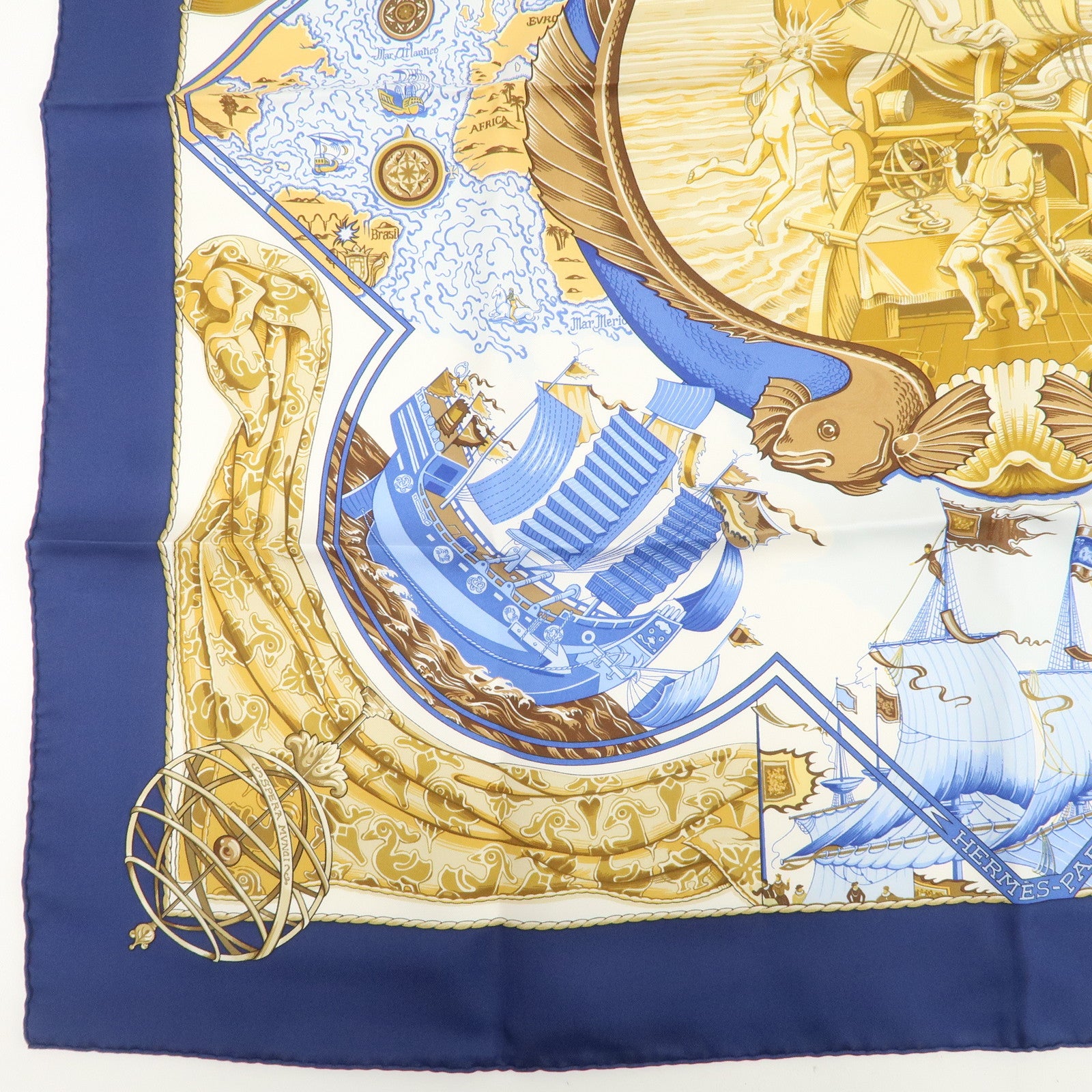 HERMES Carre 90 Silk 100% Scarf Au-dela des cinq mers Navy White