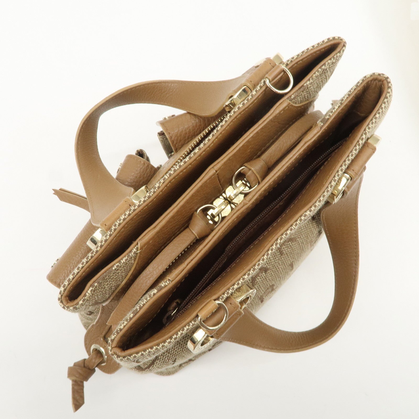 BVLGARI Logo Mania Canvas Leather Hand Bag Light Brown