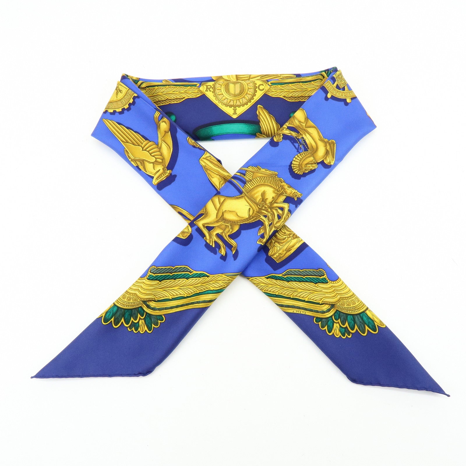HERMES Carre 90 Silk 100% Scarf LES PARURES DU VENT Navy Gold