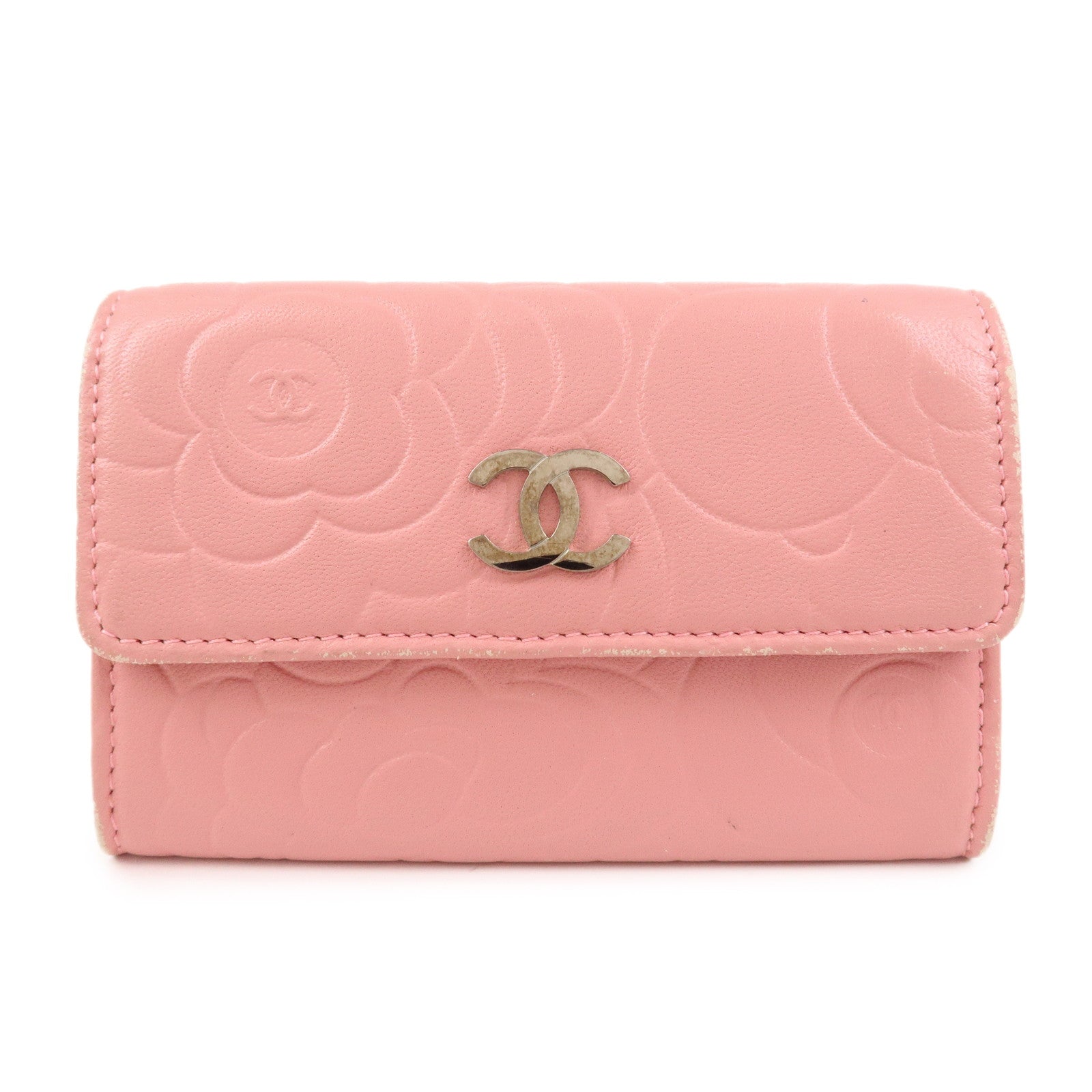CHANEL Camellia COCO Mark Leather Card Case Card Holder Pink