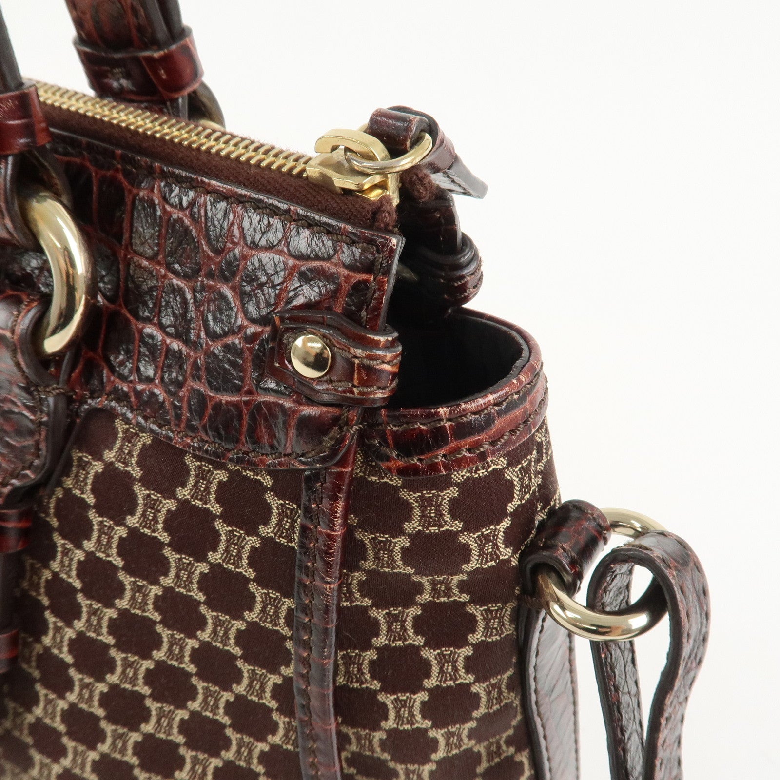 CELINE Macadam Canvas Emboss Leather 2 Way Bag Hand Bag Brown