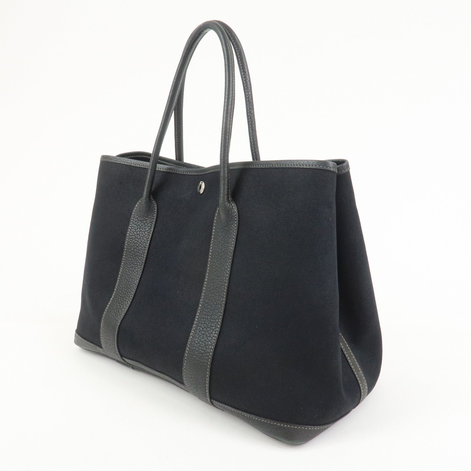 HERMES Garden Party PM Canvas Leather □K Stamped Tote Bag Black