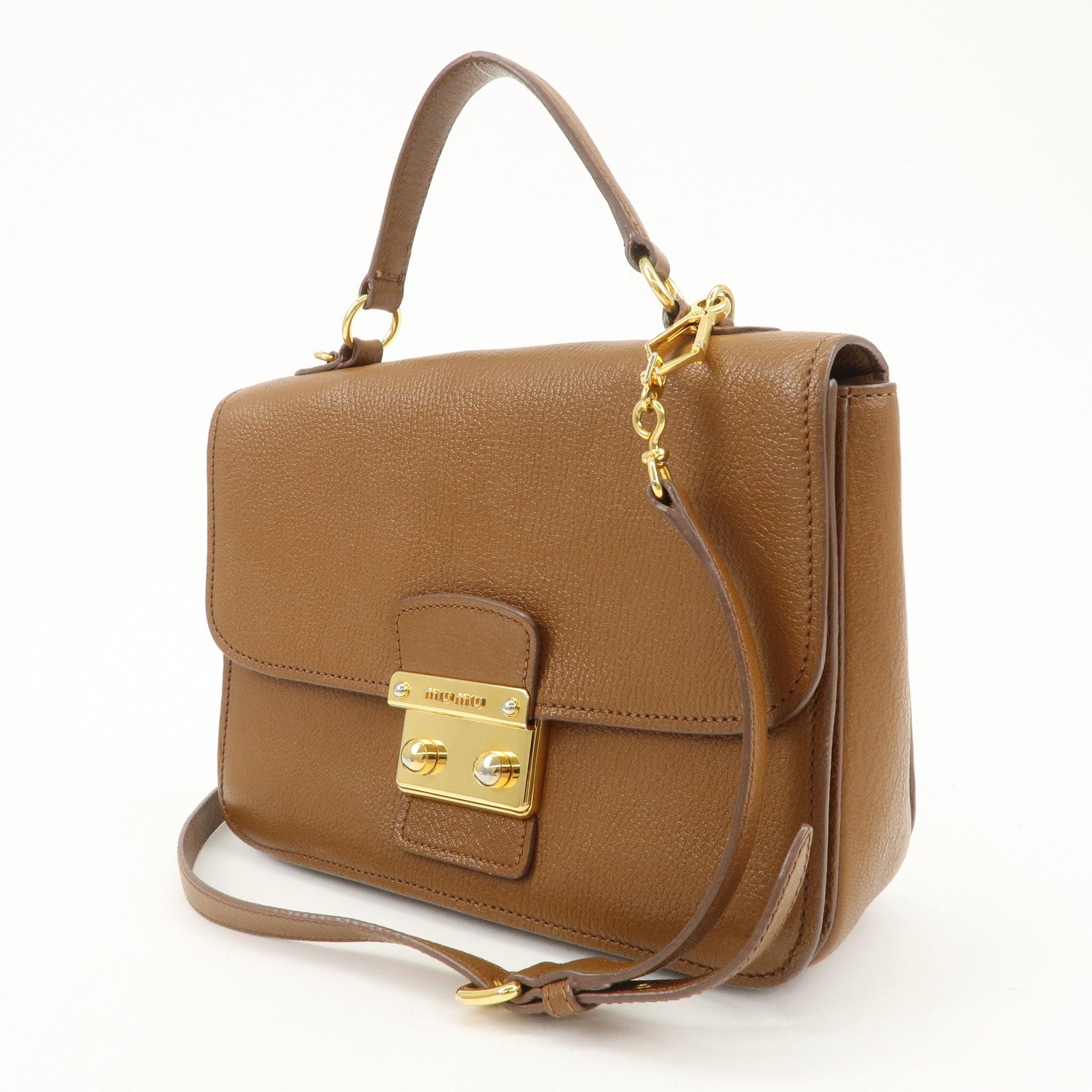 MIU MIU Leather 2Way Bag Hand Bag Brown Gold HDW RN0726 Used