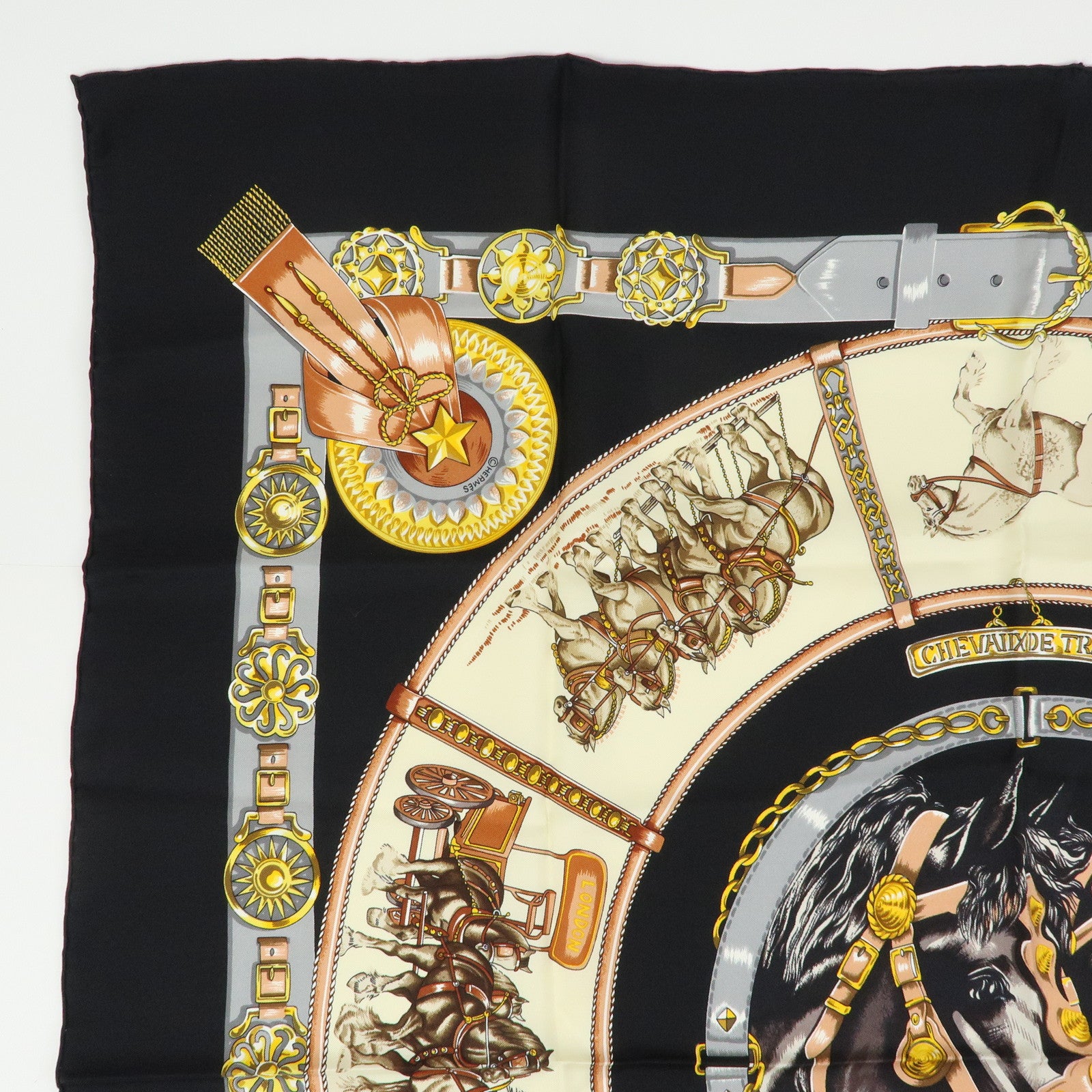 HERMES Carre 90 Silk 100% Scarf CHEVAUX DE TRAIT Black Gold Beige