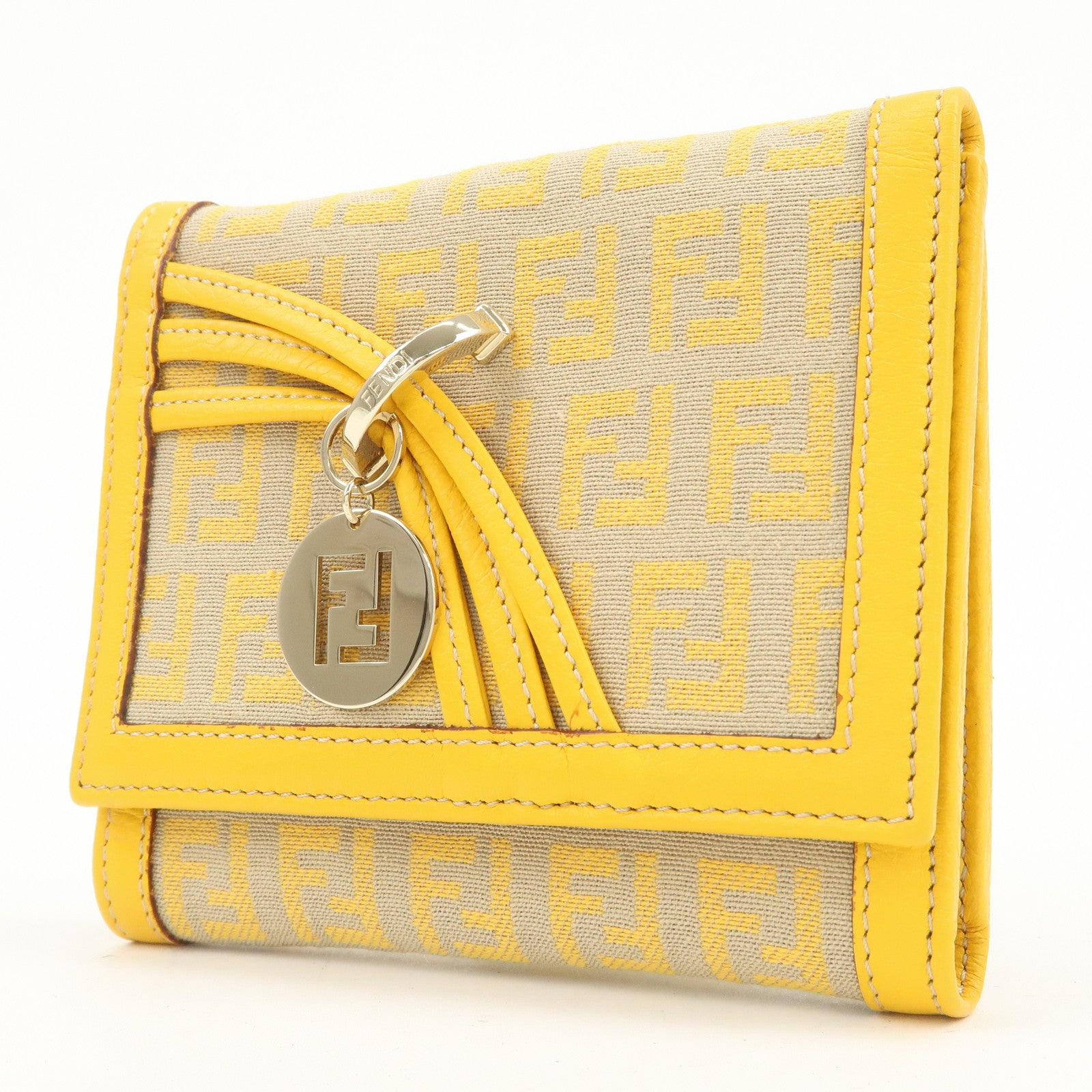 FENDI Zucchino Canvas Leather Tri-fold Compact Wallet Yellow 8M0177