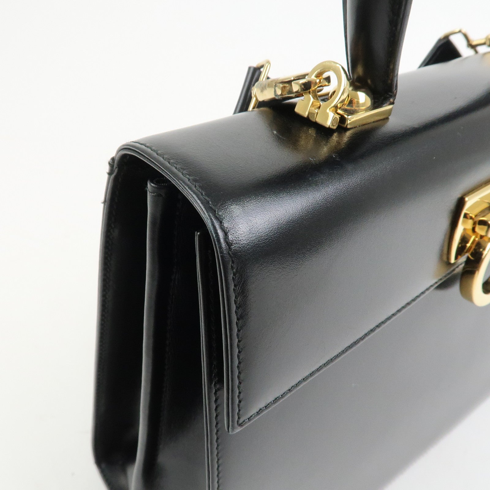 Ferragamo Gancini Logo Leather 2Way Bag Hand Bag Shoulder Bag Black