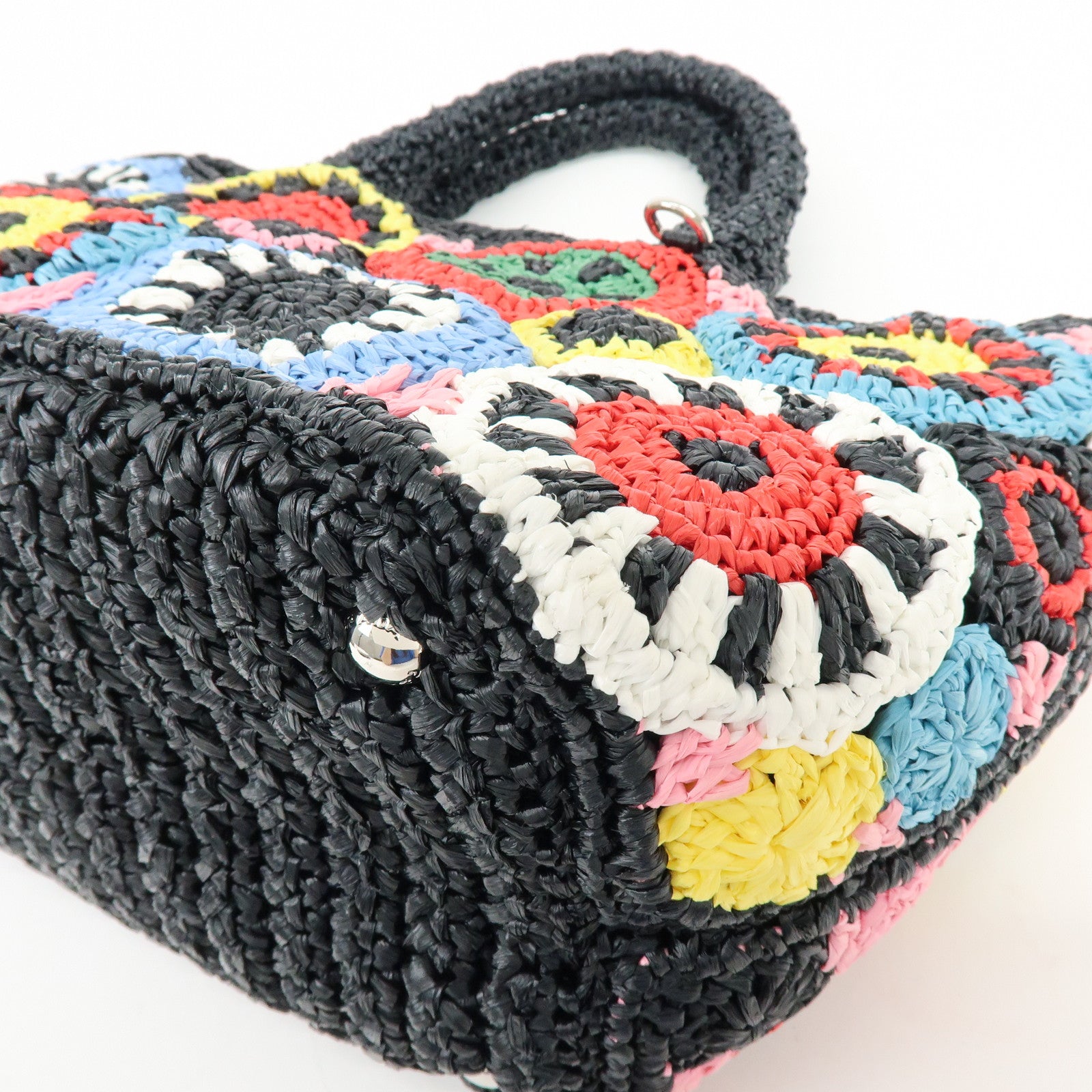 PRADA Triangle Logo Raffia 2Way Hand Bag Black Multicolor 1BG889