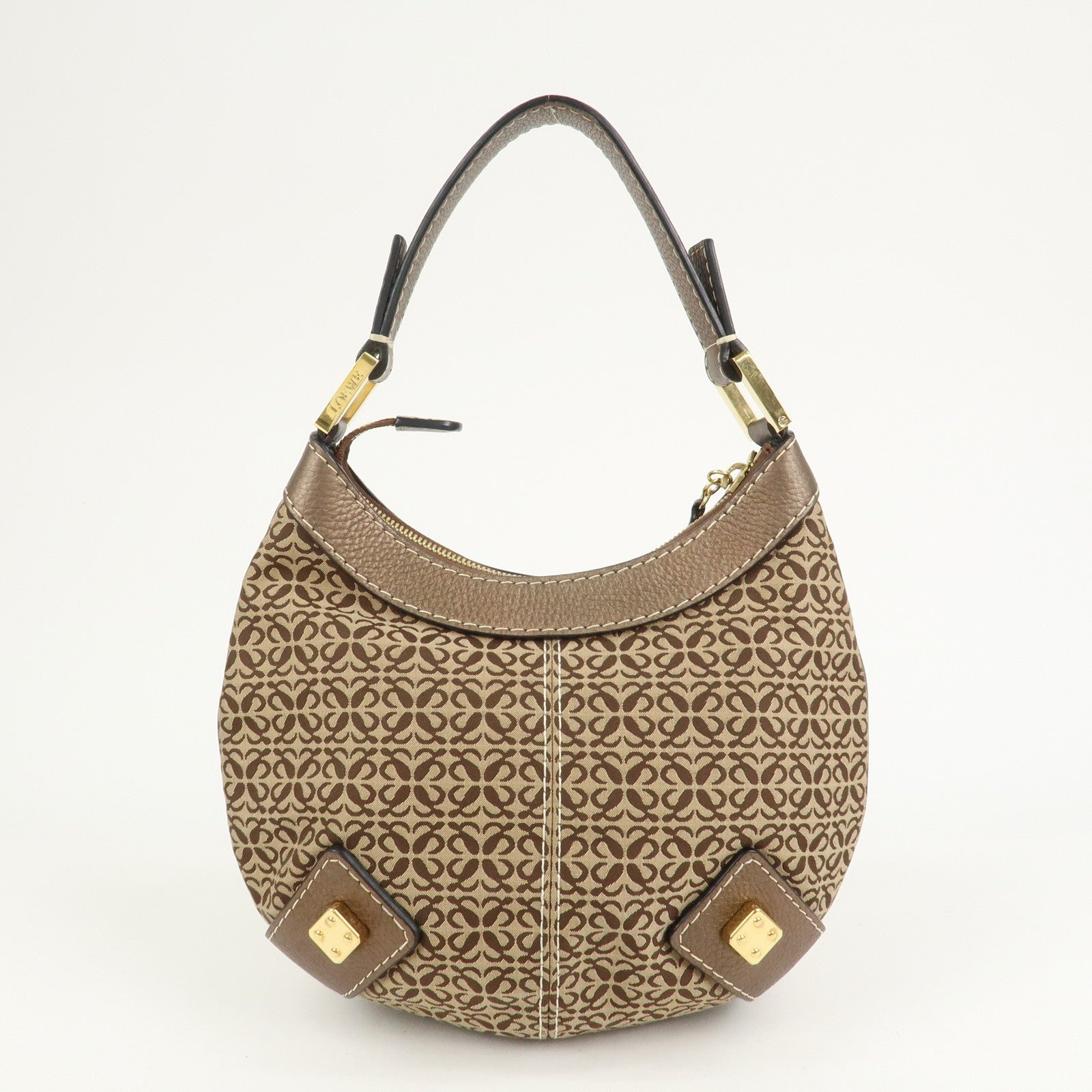 LOEWE New Road Line Logo Canvas Leather Shoulder Bag Brown Beige