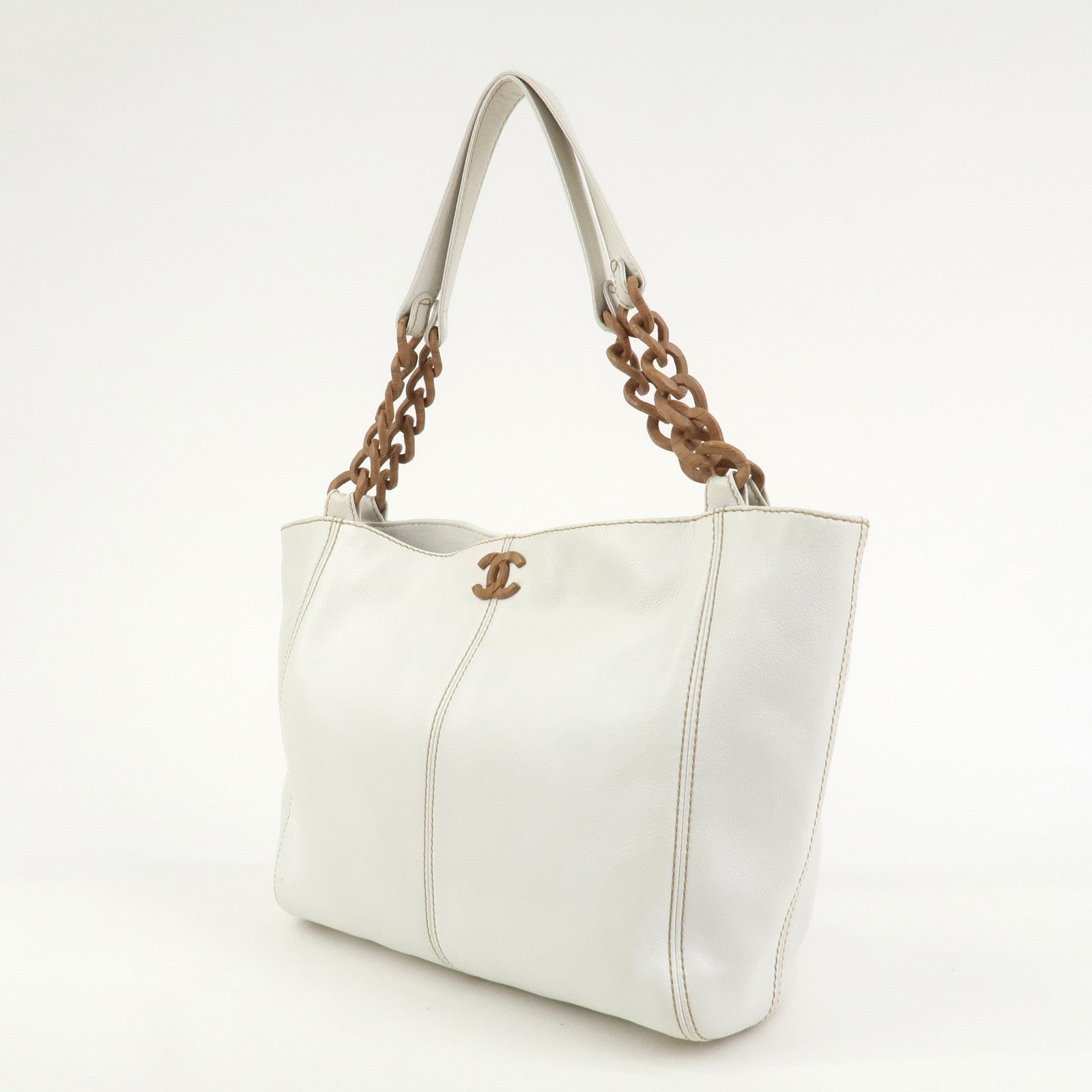 CHANEL COCO Mark Leather Wood Chain Shoulder Bag Off White 18MB096