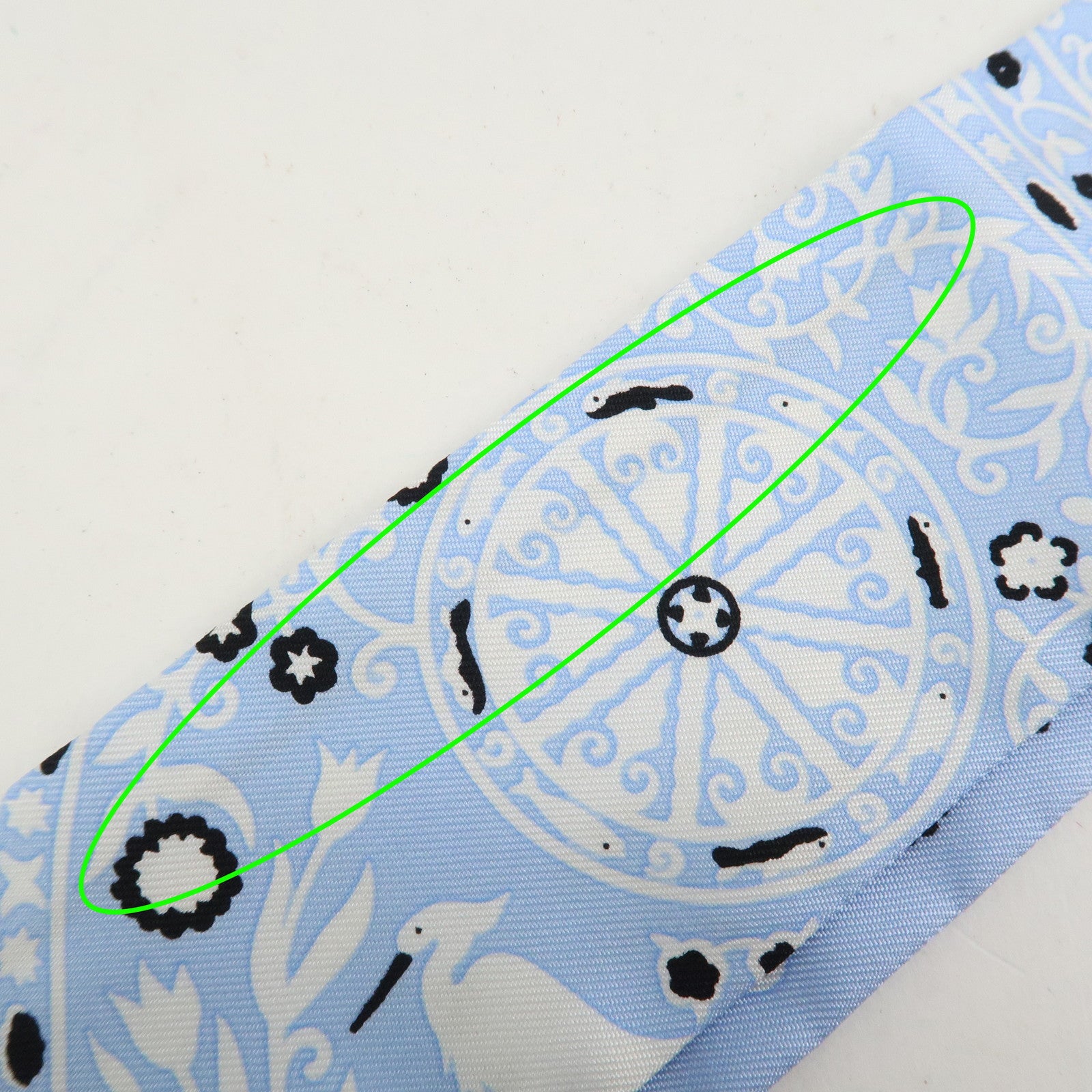 HERMES Twilly Silk 100% Scarf PEUPLE DU VENT Light Blue Black White