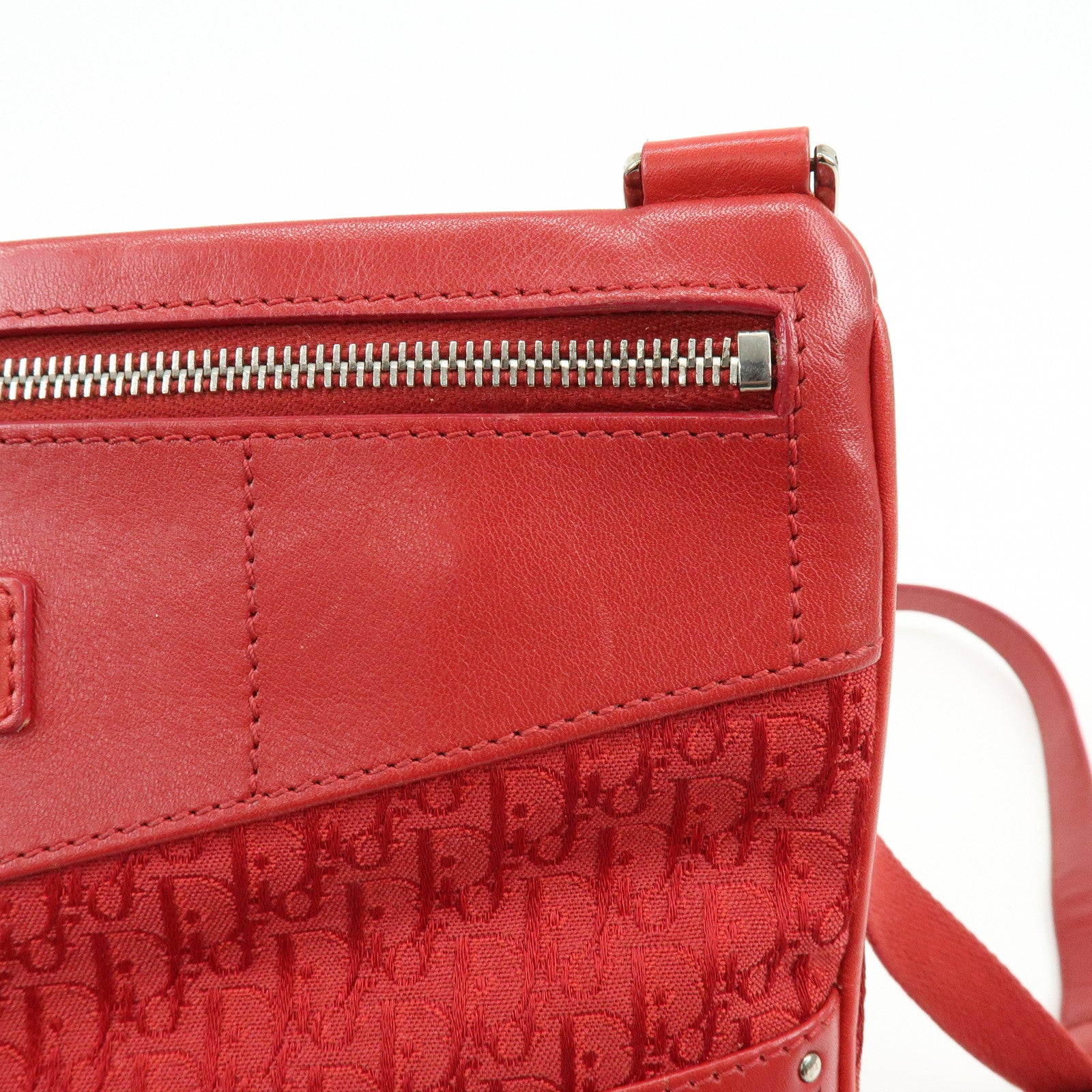 Christian Dior Trotter Jacguard Canvas Leather Shoulder Bag Red