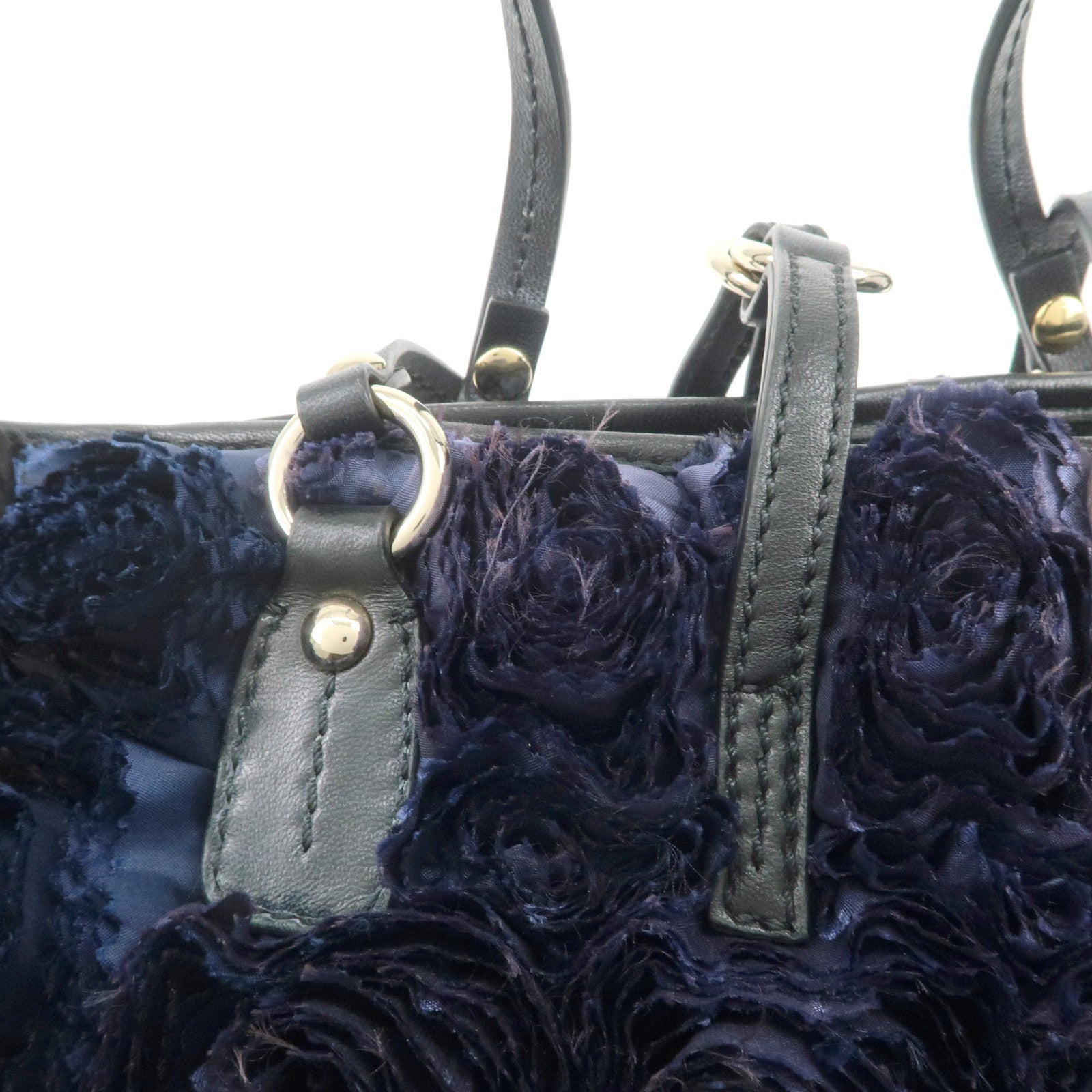 VALENTINO Logo Nylon Leather Hand Bag Navy Gold
