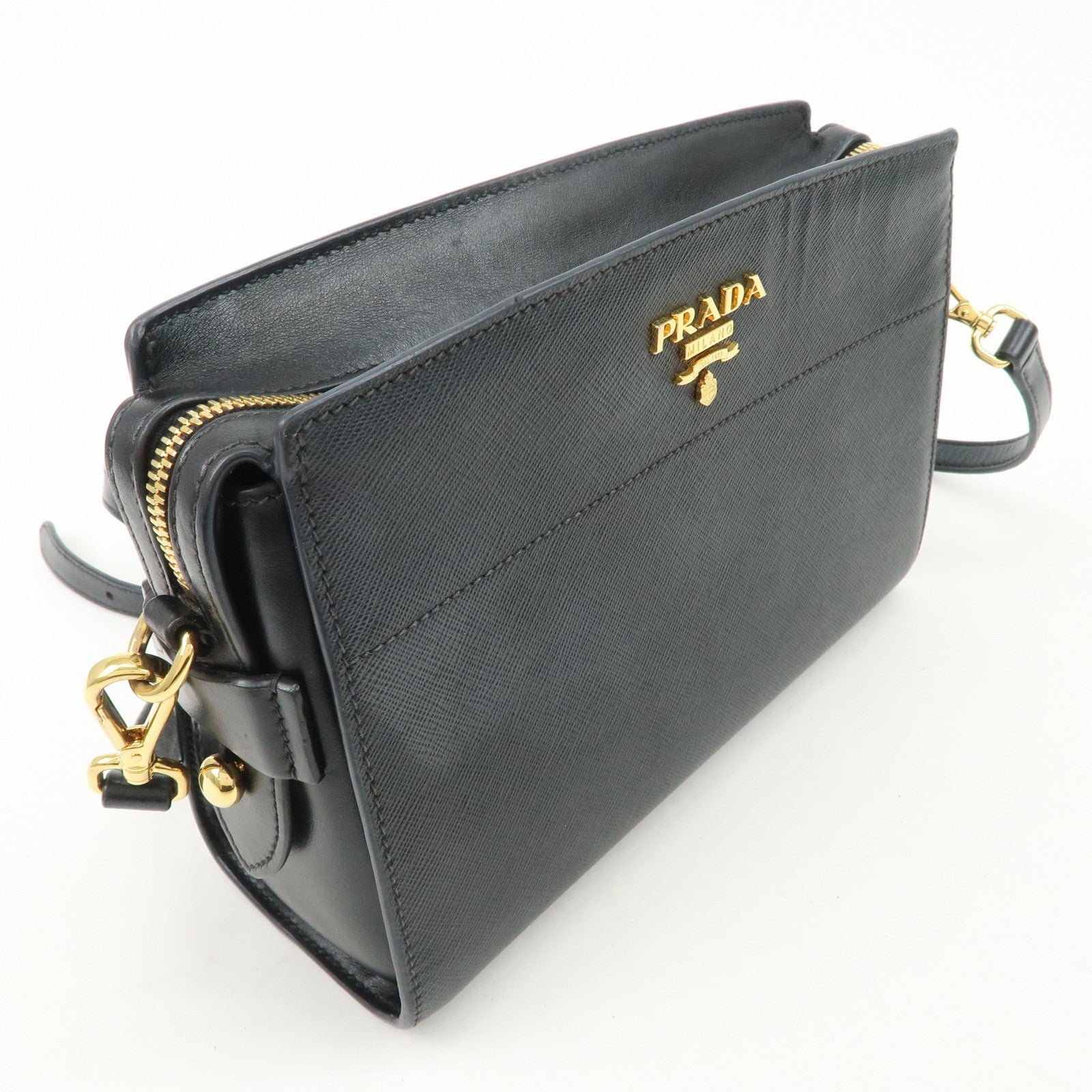 PRADA Logo Saffiano Leather Shoulder Bag Gold HDW Black