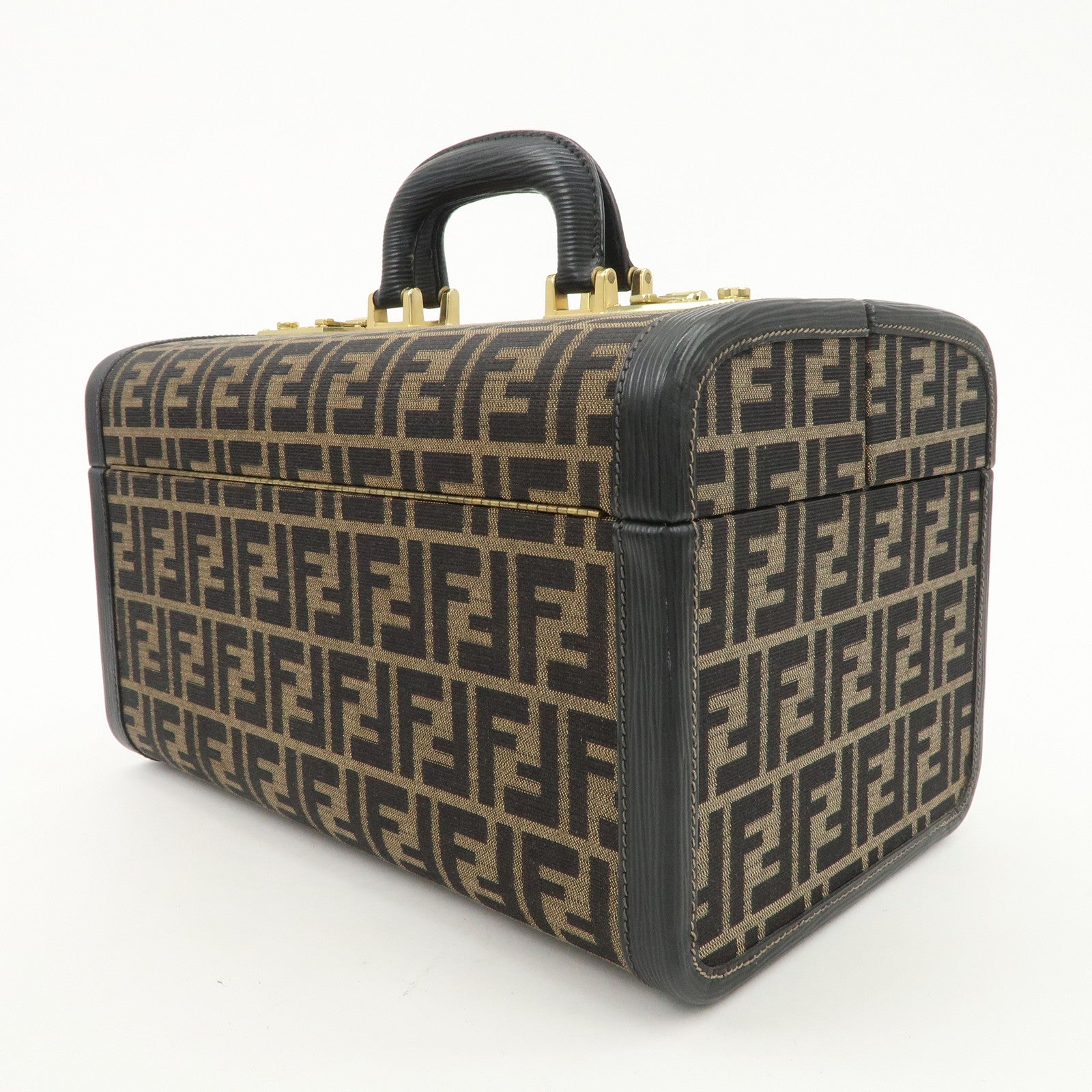 FENDI Zucca Canvas Leather Vanity Bag Makeup Box Brown Black